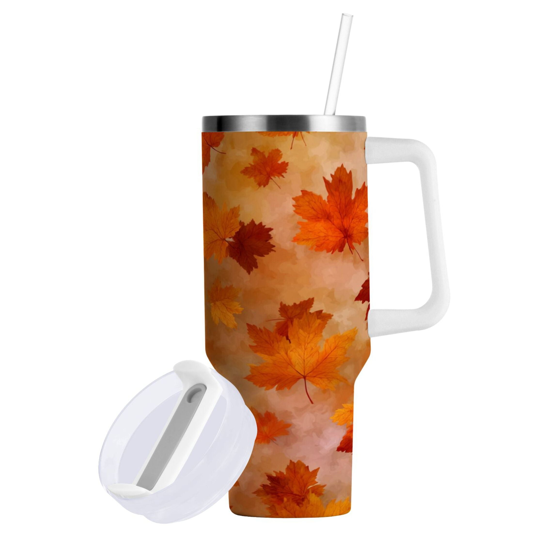 40 oz Insulated Stainless Steel Tumbler Double Wall Stainless Steel Tumbler with 2-Way Drinking Orange and Brown Autumn Leaves M481K