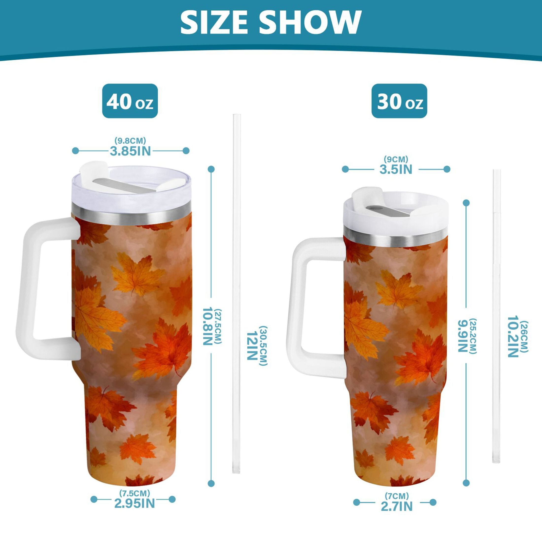 40 oz Insulated Stainless Steel Tumbler Double Wall Stainless Steel Tumbler with 2-Way Drinking Orange and Brown Autumn Leaves M481K