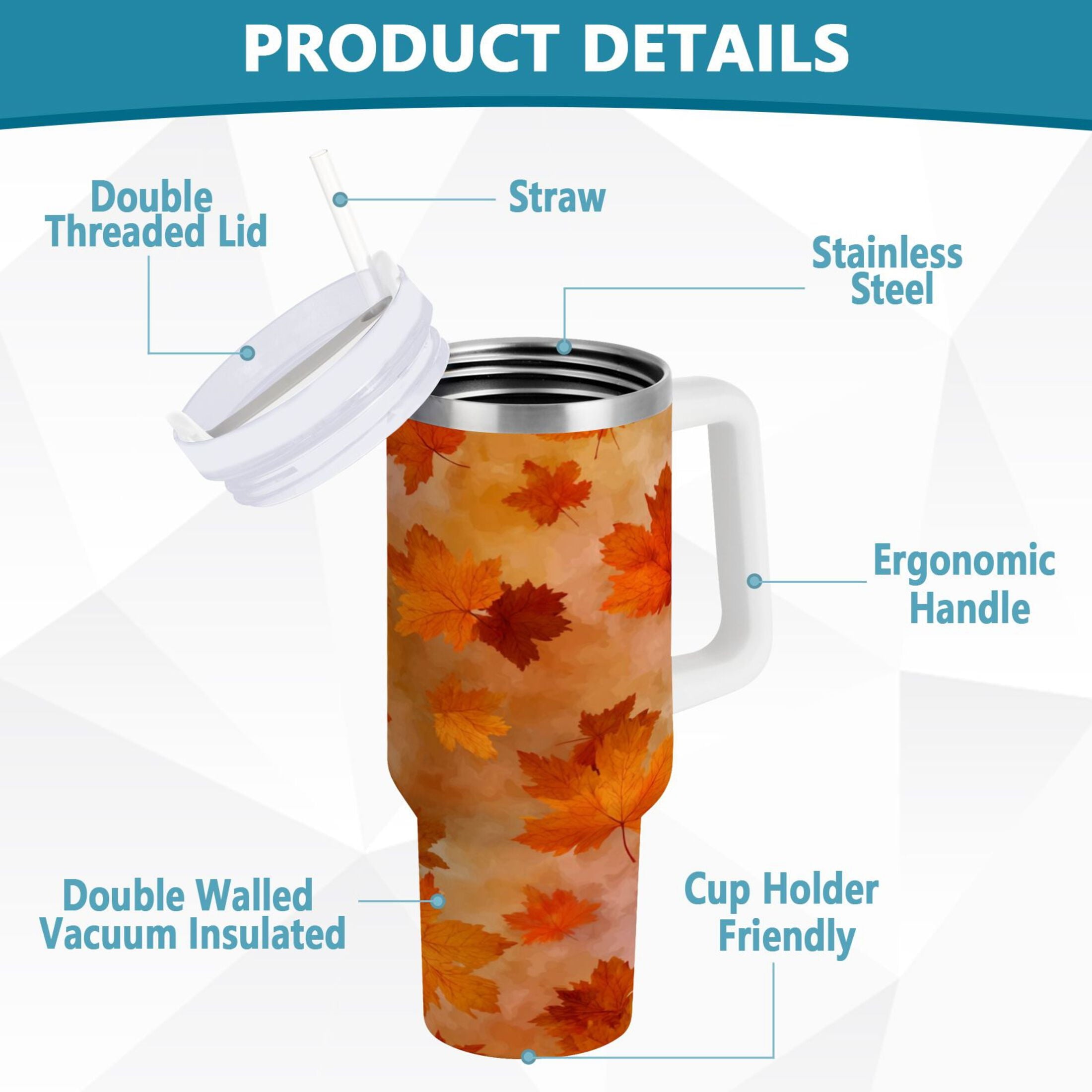 40 oz Insulated Stainless Steel Tumbler Double Wall Stainless Steel Tumbler with 2-Way Drinking Orange and Brown Autumn Leaves M481K