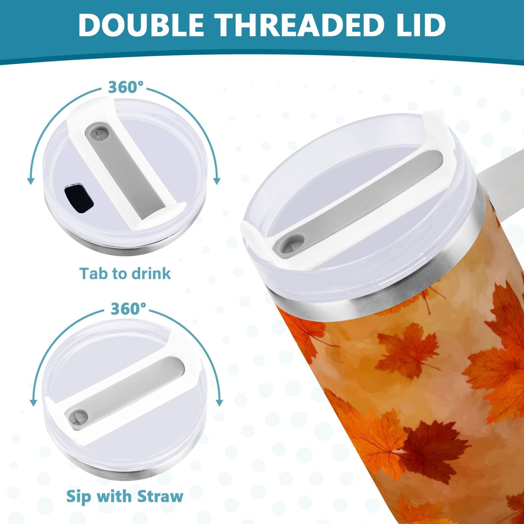 40 oz Insulated Stainless Steel Tumbler Double Wall Stainless Steel Tumbler with 2-Way Drinking Orange and Brown Autumn Leaves M481K