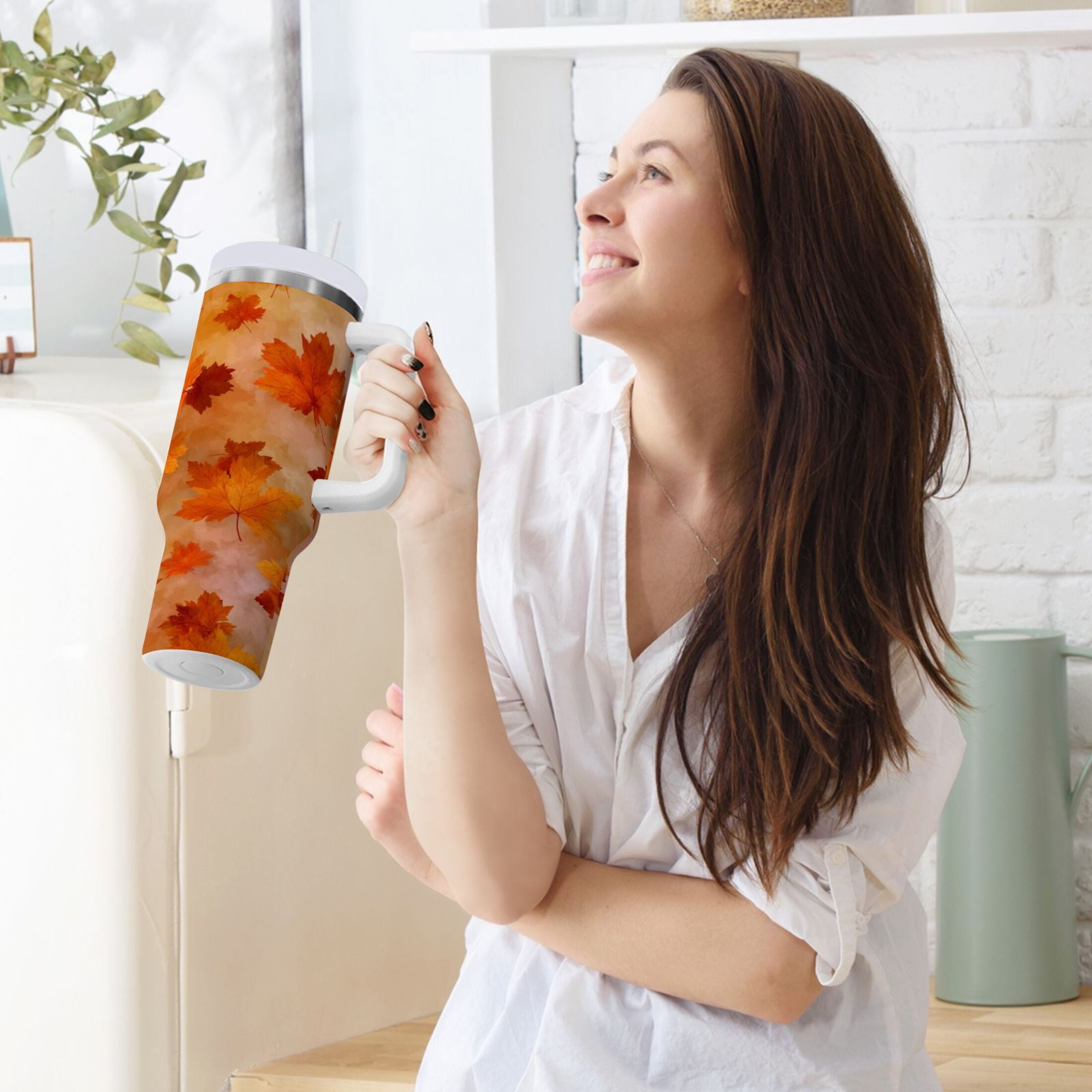 40 oz Insulated Stainless Steel Tumbler Double Wall Stainless Steel Tumbler with 2-Way Drinking Orange and Brown Autumn Leaves M481K