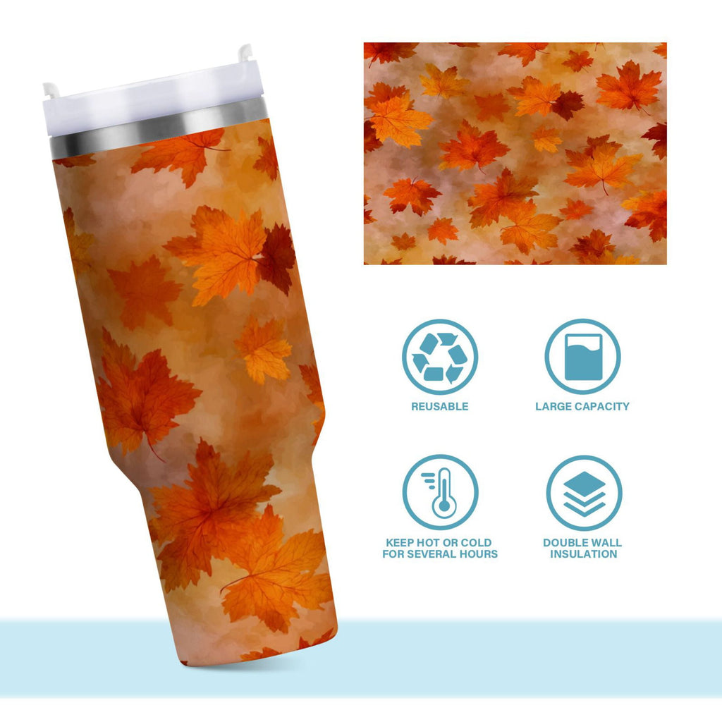 40 oz Insulated Stainless Steel Tumbler Double Wall Stainless Steel Tumbler with 2-Way Drinking Orange and Brown Autumn Leaves M481K