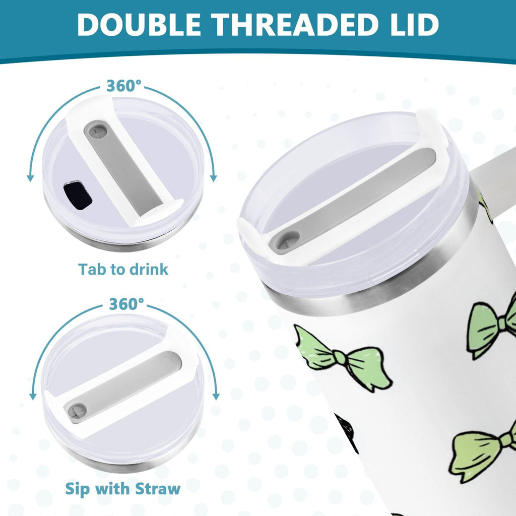 40 oz Insulated Stainless Steel Tumbler Double Wall Stainless Steel Tumbler with 2-Way Drinking Green and Black Bows M553W
