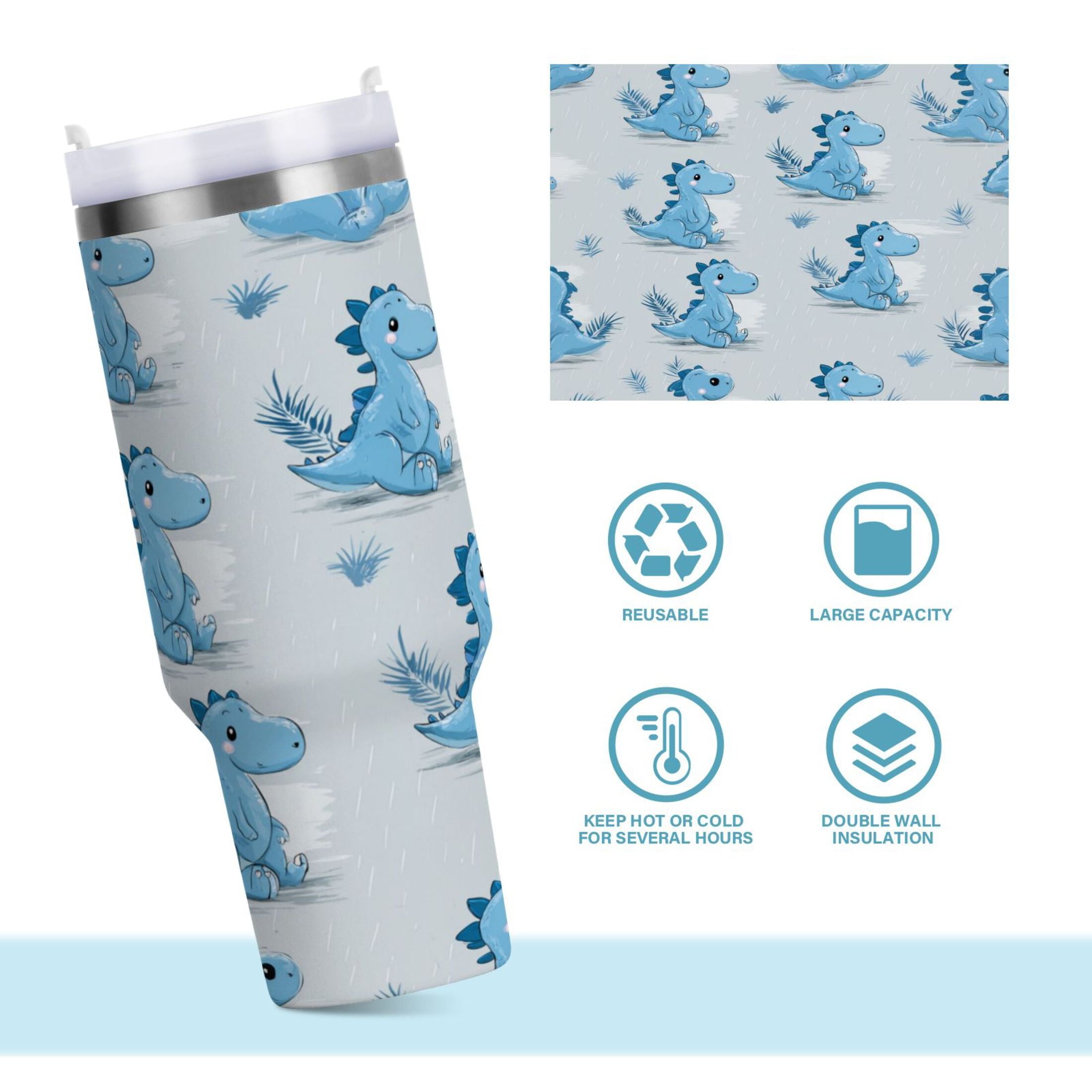 30 oz Insulated Stainless Steel Tumbler Double Wall Stainless Steel Tumbler with 2-Way Drinking Cartoon Blue Dinosaurs M495P