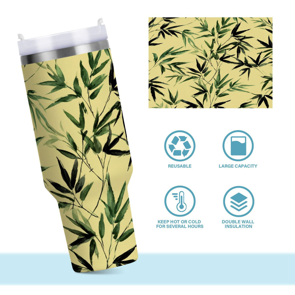 30 oz Insulated Stainless Steel Tumbler Double Wall Stainless Steel Tumbler with 2-Way Drinking Bamboo and Green Leaves M633Z