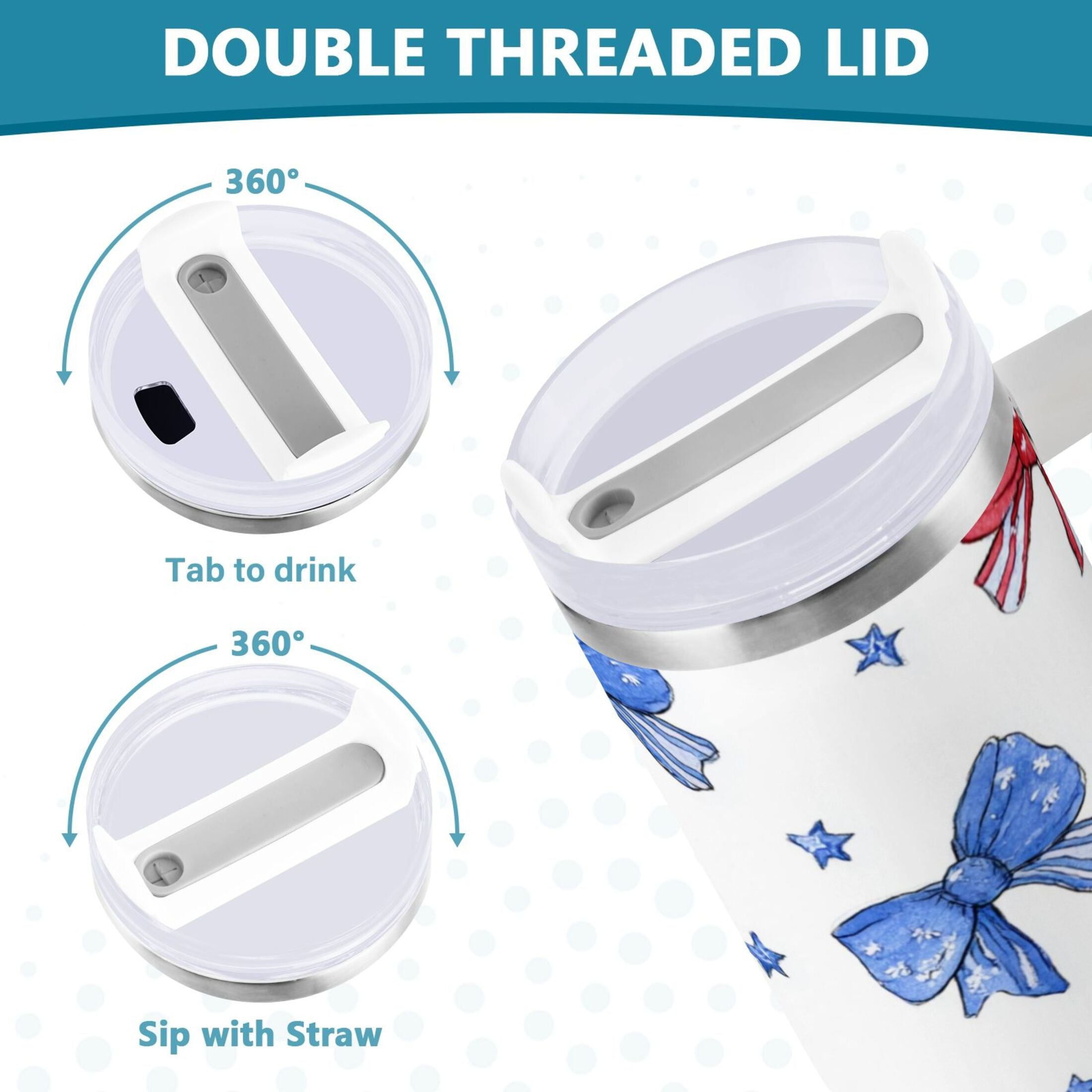 40 oz Insulated Stainless Steel Tumbler Double Wall Stainless Steel Tumbler with 2-Way Drinking Hand-drawn Bows M587T