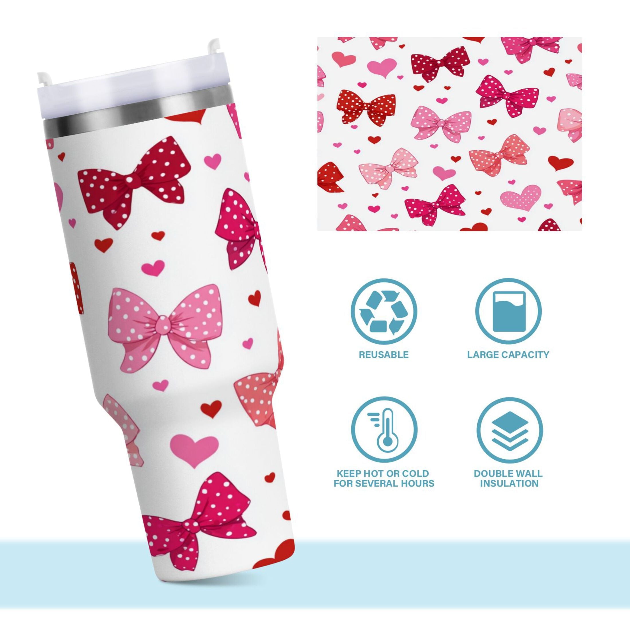 30 oz Insulated Stainless Steel Tumbler Double Wall Stainless Steel Tumbler with 2-Way Drinking Red and Pink Bows M595K
