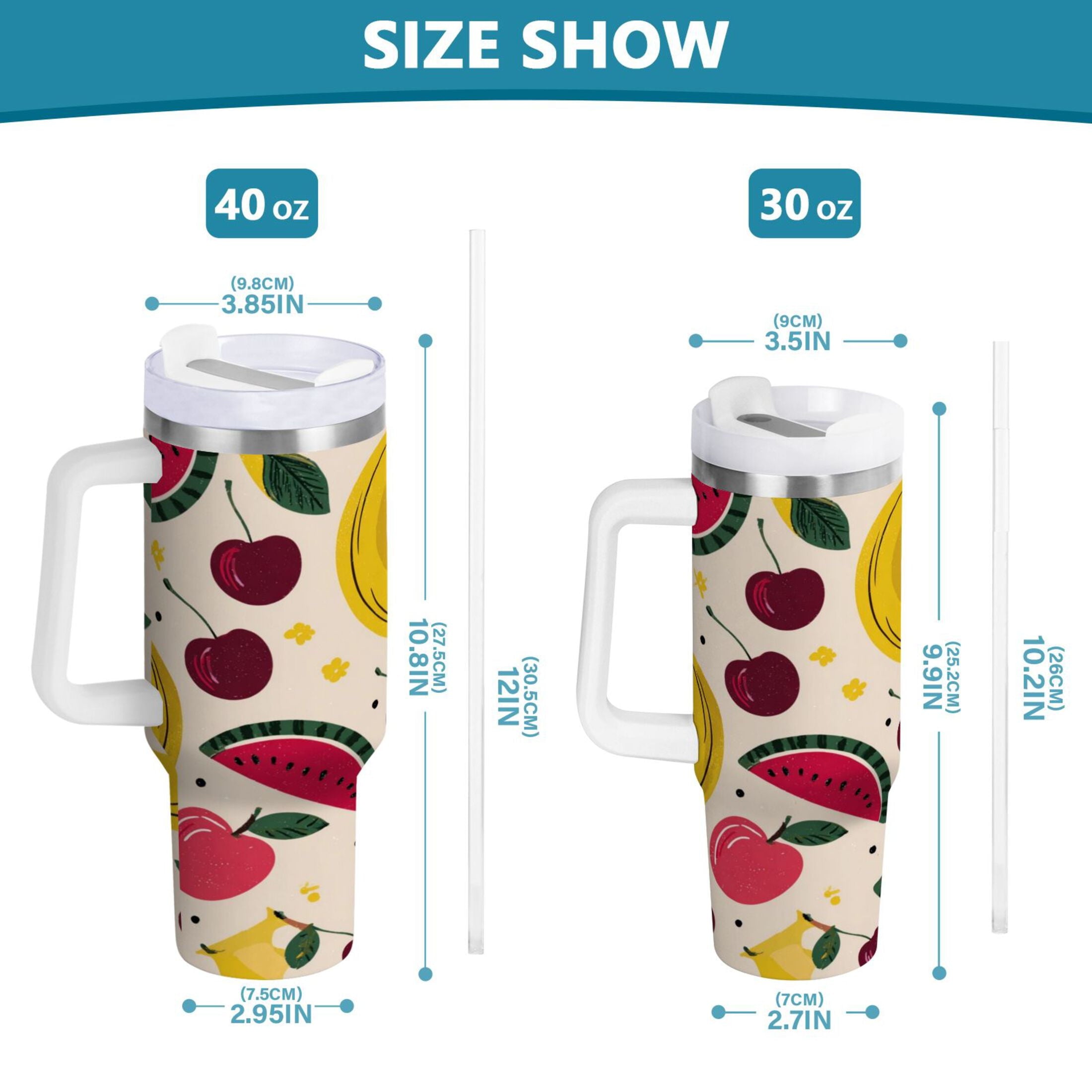 30 oz Insulated Stainless Steel Tumbler Double Wall Stainless Steel Tumbler with 2-Way Drinking Watermelon and Cherries M579U