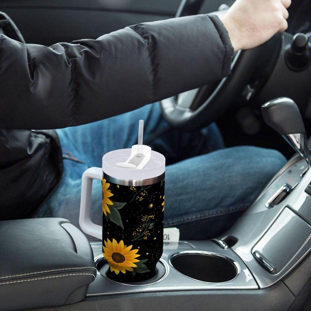 30 oz Insulated Stainless Steel Tumbler Double Wall Stainless Steel Tumbler with 2-Way Drinking Yellow Sunflower Pattern M532S
