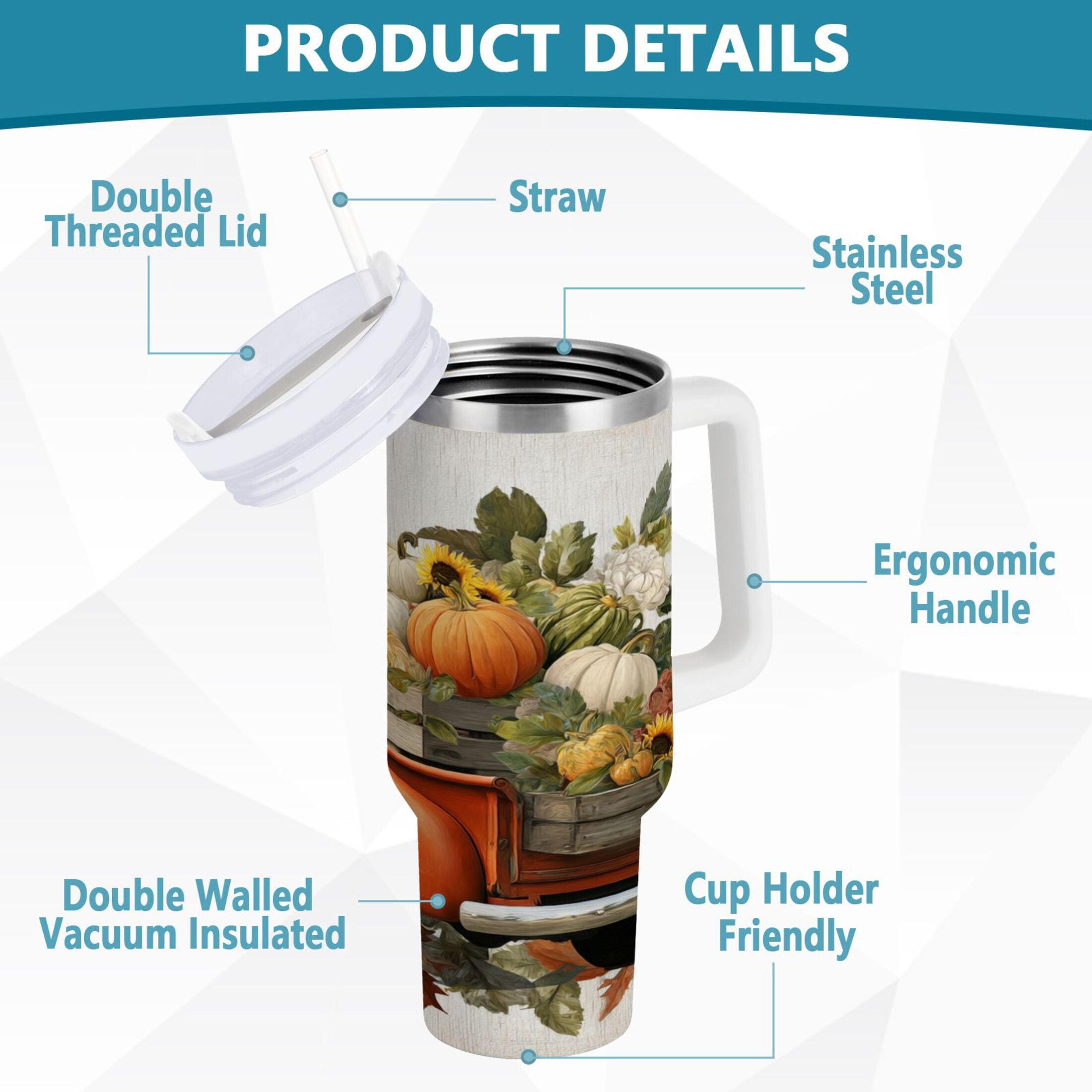 40 oz Insulated Stainless Steel Tumbler Double Wall Stainless Steel Tumbler with 2-Way Drinking Truck Full Of Pumpkins M650Q