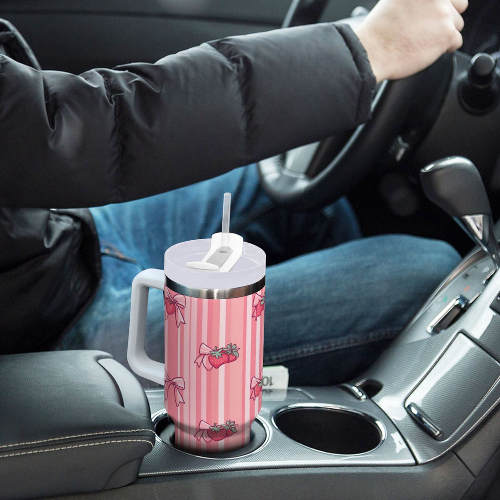 30 oz Insulated Stainless Steel Tumbler Double Wall Stainless Steel Tumbler with 2-Way Drinking Pink Bows and Strawberries M628B