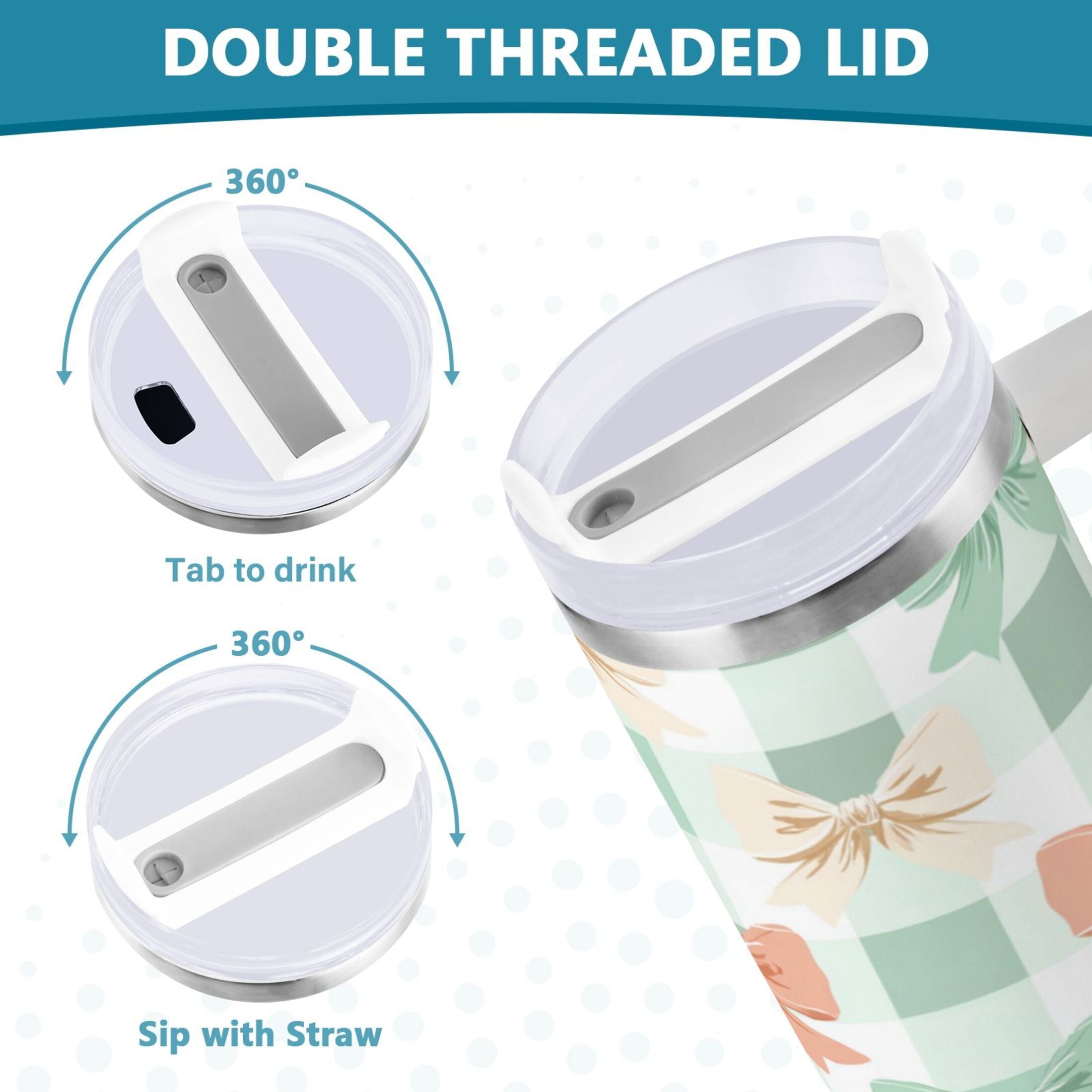 40 oz Insulated Stainless Steel Tumbler Double Wall Stainless Steel Tumbler with 2-Way Drinking Green and Peach Bow Pattern M544A