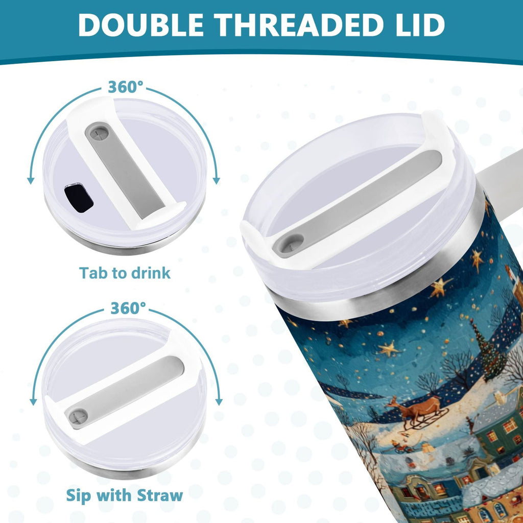 30 oz Insulated Stainless Steel Tumbler Double Wall Stainless Steel Tumbler with 2-Way Drinking Whimsical Christmas Scene M545W