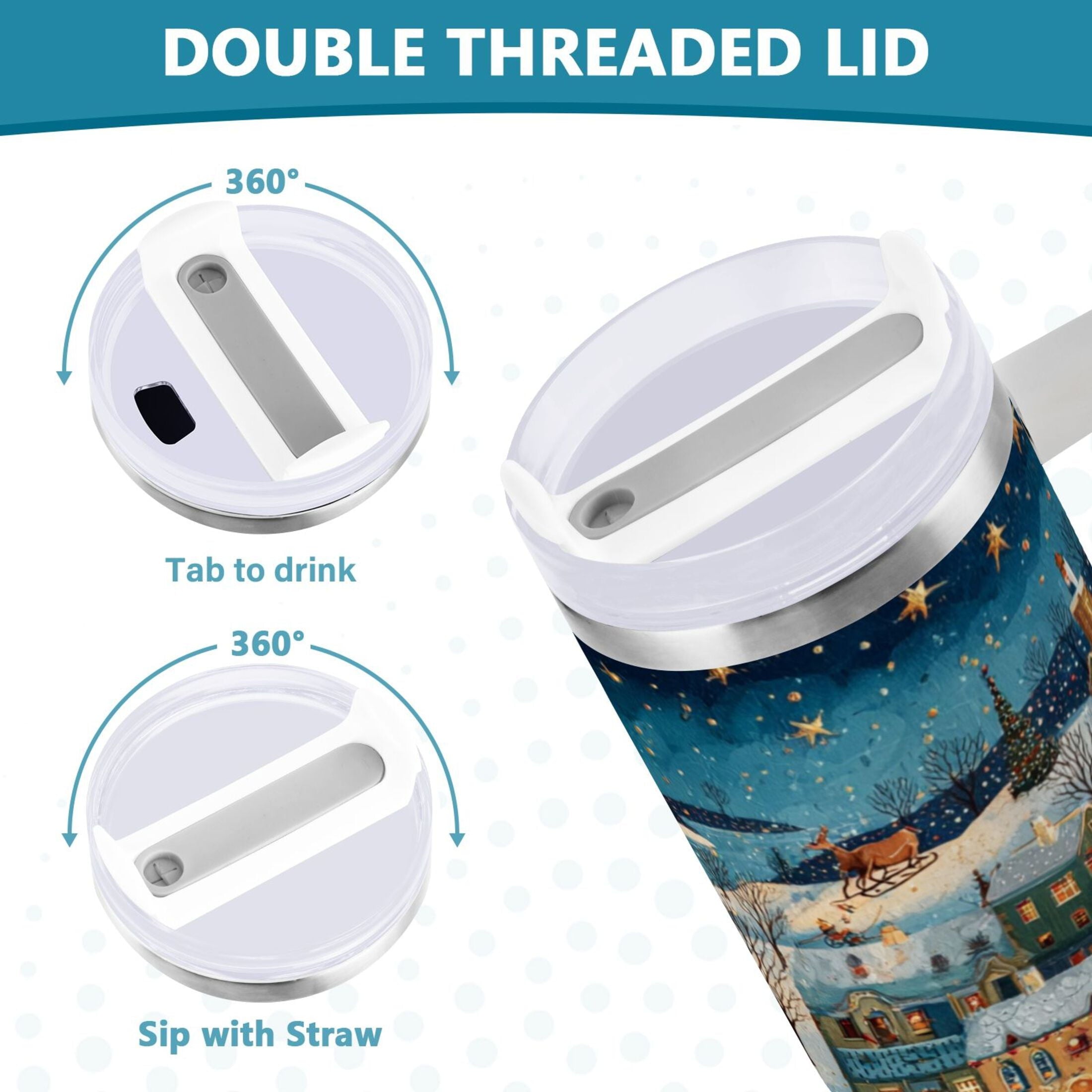30 oz Insulated Stainless Steel Tumbler Double Wall Stainless Steel Tumbler with 2-Way Drinking Whimsical Christmas Scene M545W