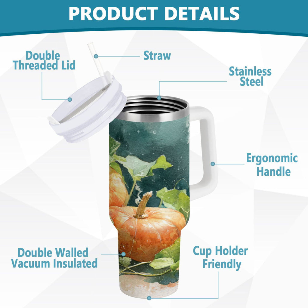 40 oz Insulated Stainless Steel Tumbler Double Wall Stainless Steel Tumbler with 2-Way Drinking Orange and White Pumpkins M535T