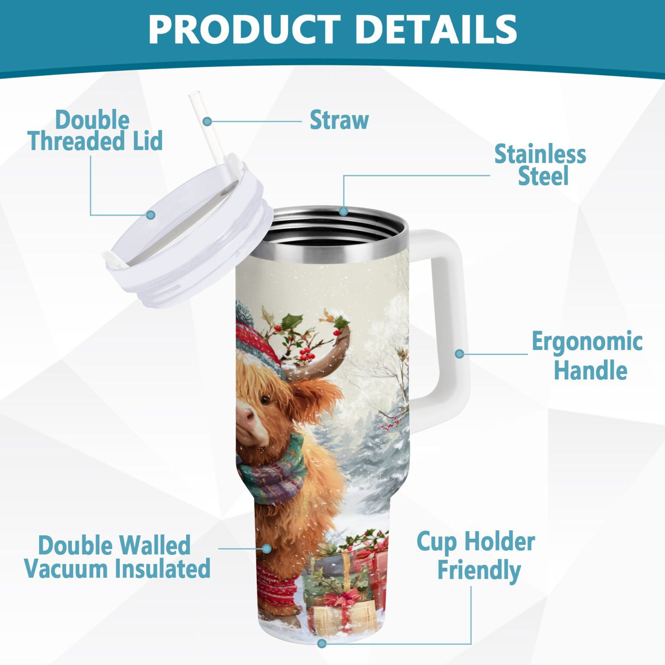 30 oz Insulated Stainless Steel Tumbler Double Wall Stainless Steel Tumbler with 2-Way Drinking Cow Wearing Christmas Hat M681V