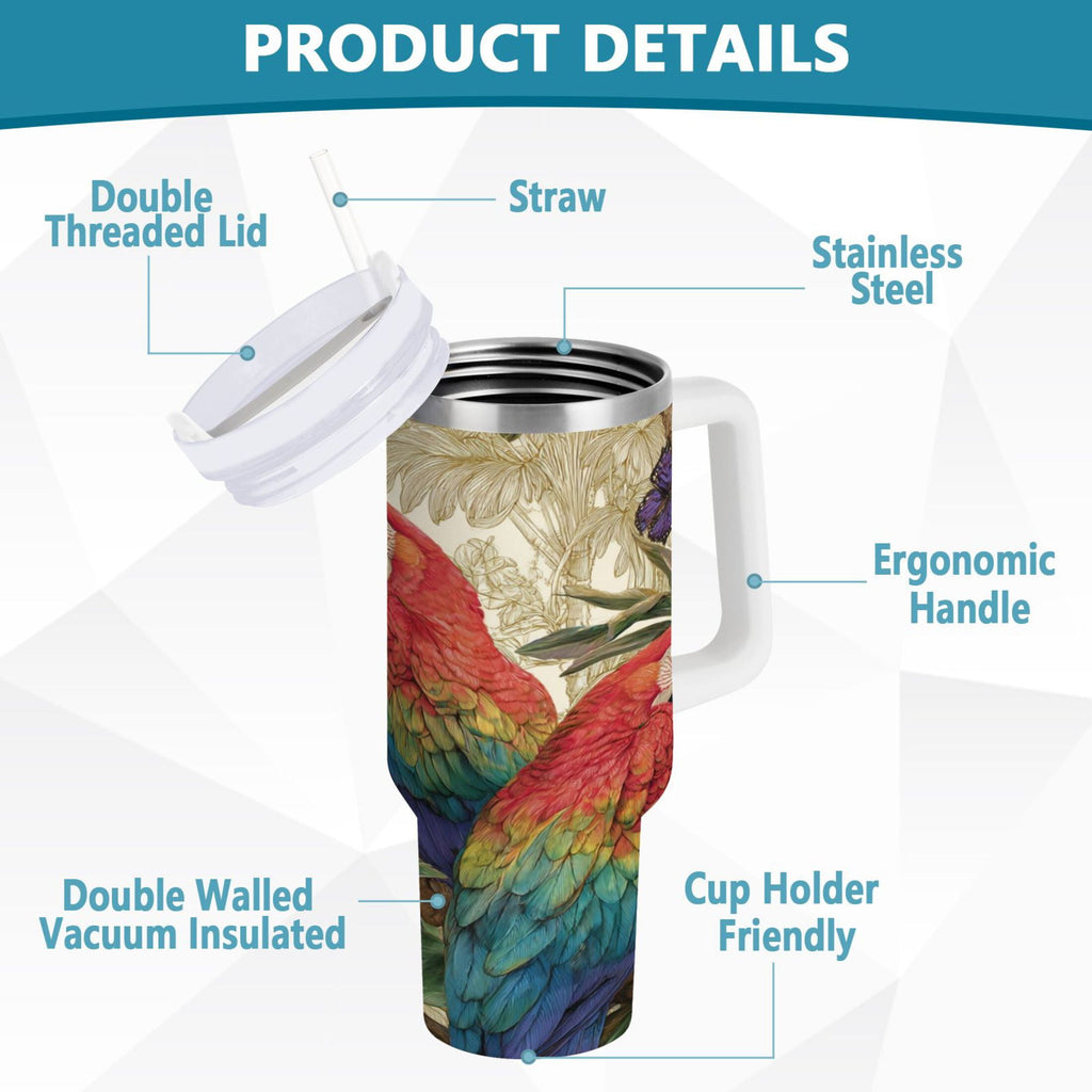 30 oz Insulated Stainless Steel Tumbler Double Wall Stainless Steel Tumbler with 2-Way Drinking Colorful Beautiful Parrots M520V