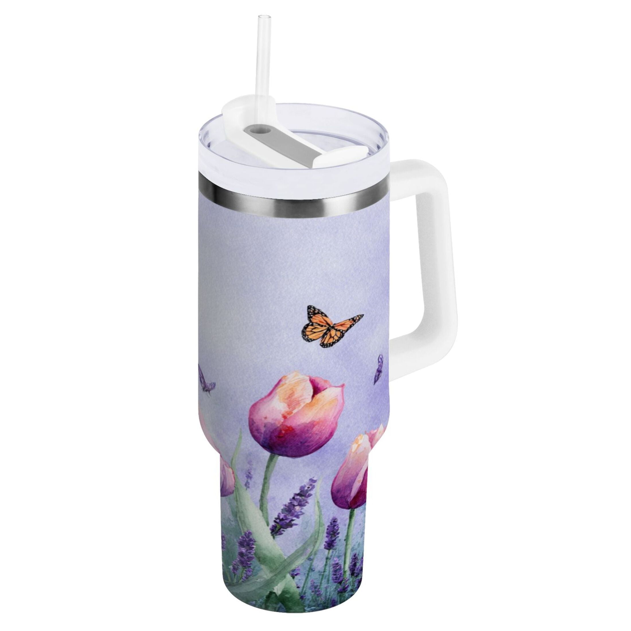 30 oz Insulated Stainless Steel Tumbler Double Wall Stainless Steel Tumbler with 2-Way Drinking Watercolor Tulips and Lavender M487E
