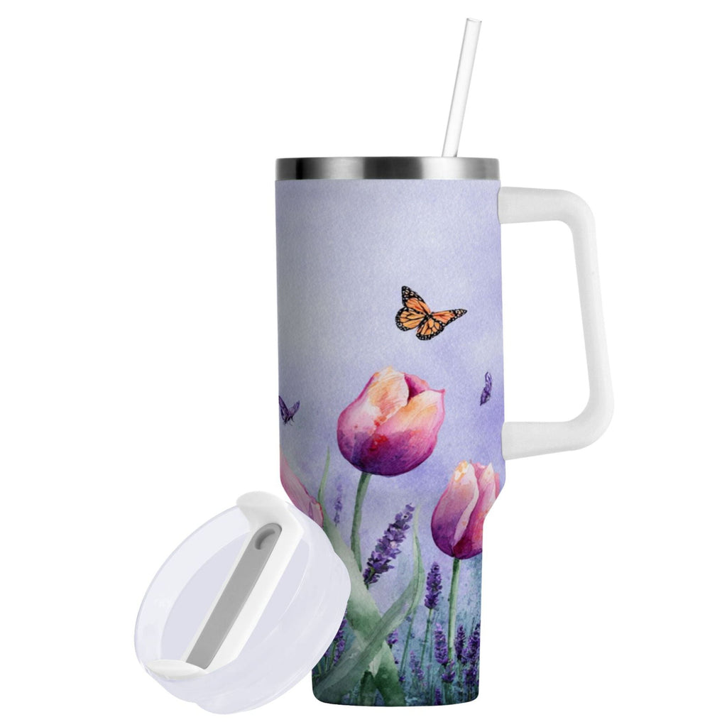 30 oz Insulated Stainless Steel Tumbler Double Wall Stainless Steel Tumbler with 2-Way Drinking Watercolor Tulips and Lavender M487E