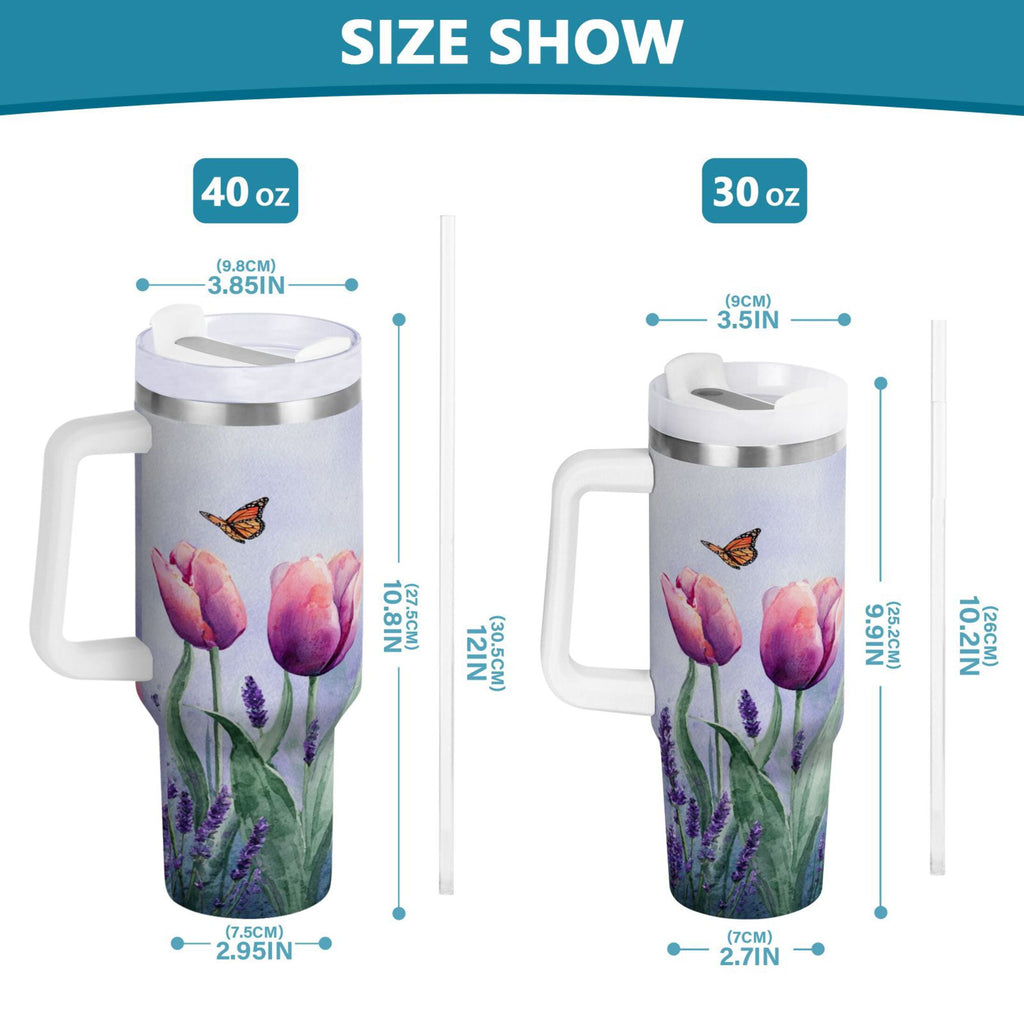30 oz Insulated Stainless Steel Tumbler Double Wall Stainless Steel Tumbler with 2-Way Drinking Watercolor Tulips and Lavender M487E