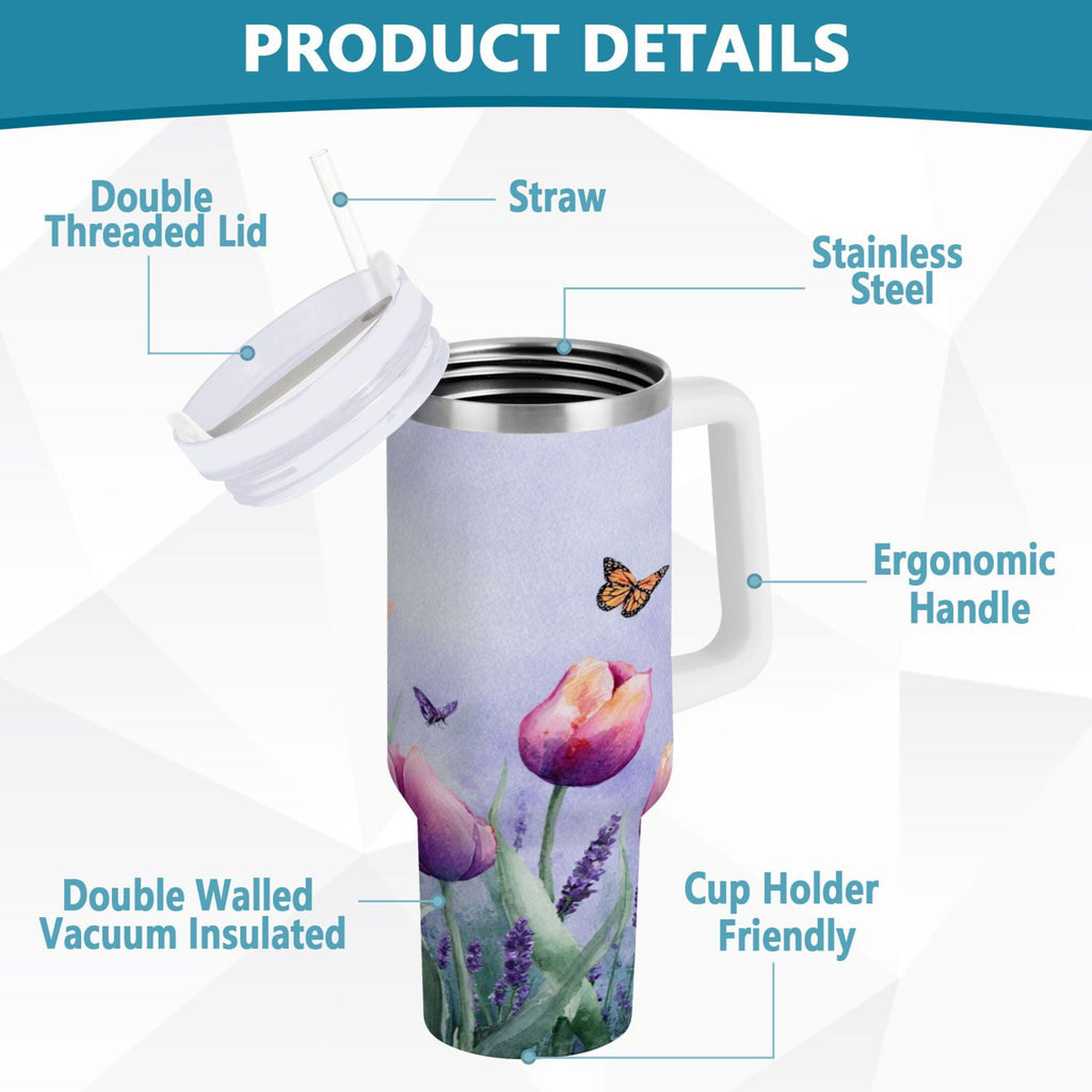 30 oz Insulated Stainless Steel Tumbler Double Wall Stainless Steel Tumbler with 2-Way Drinking Watercolor Tulips and Lavender M487E