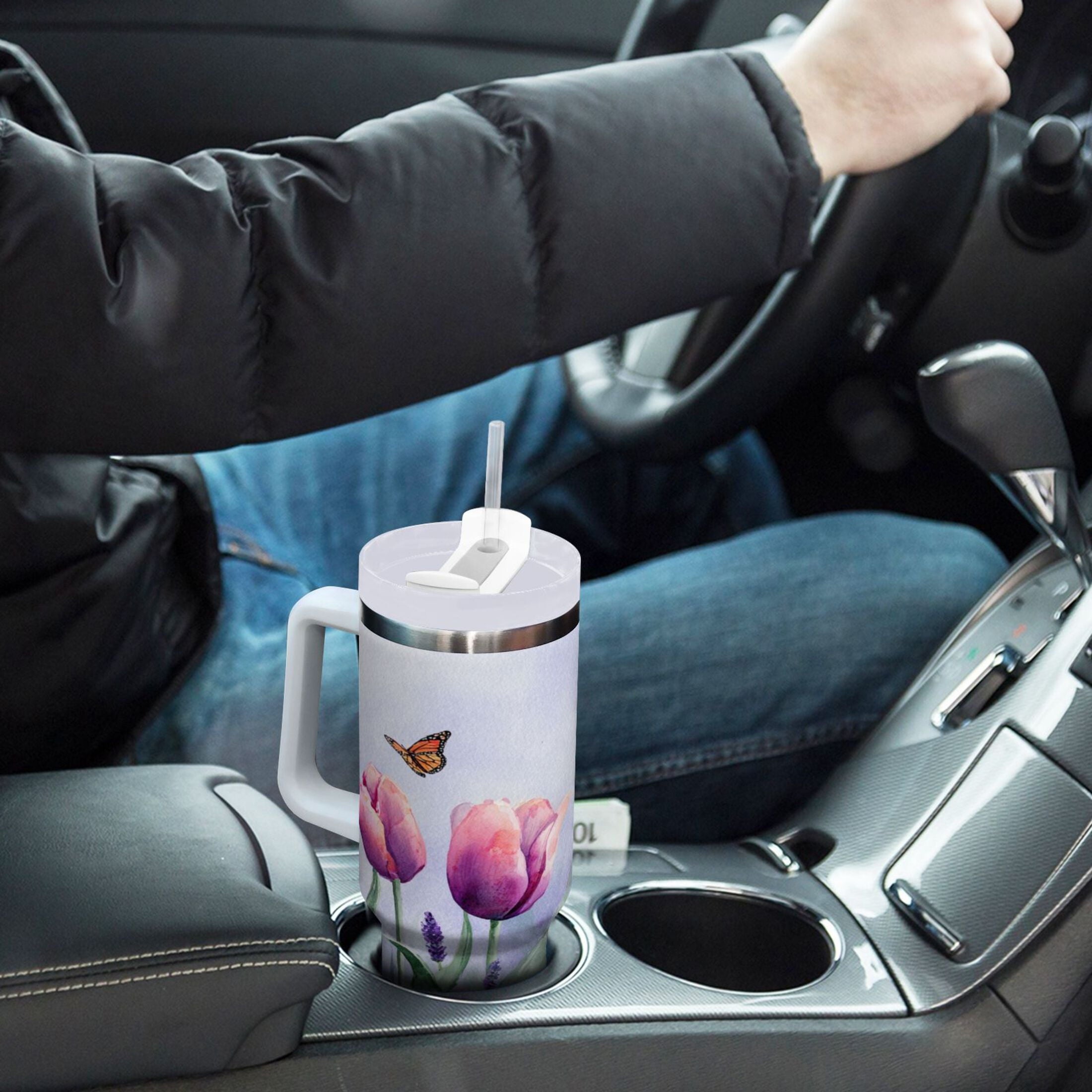 30 oz Insulated Stainless Steel Tumbler Double Wall Stainless Steel Tumbler with 2-Way Drinking Watercolor Tulips and Lavender M487E