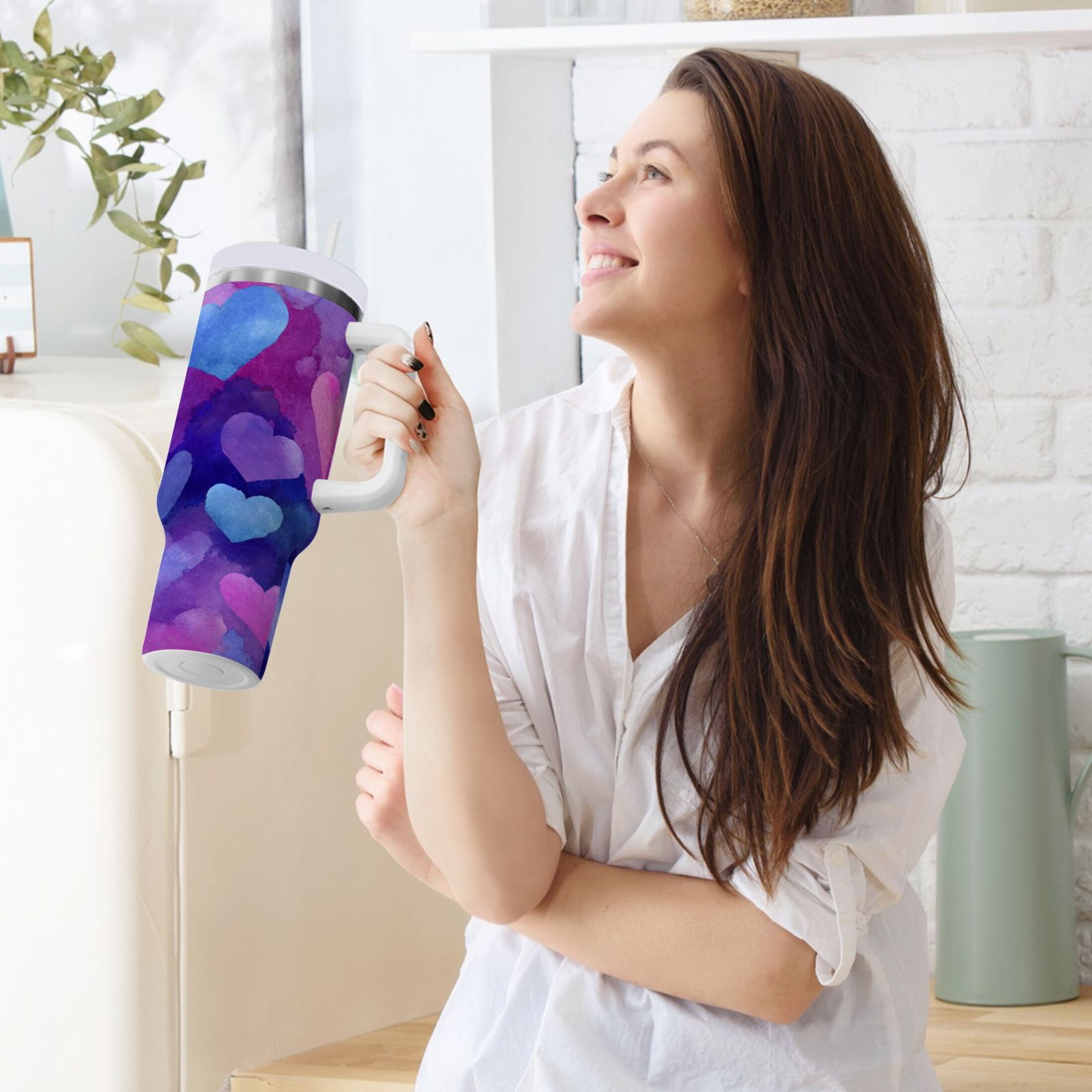 30 oz Insulated Stainless Steel Tumbler Double Wall Stainless Steel Tumbler with 2-Way Drinking Indigo and Violet Hearts M479S