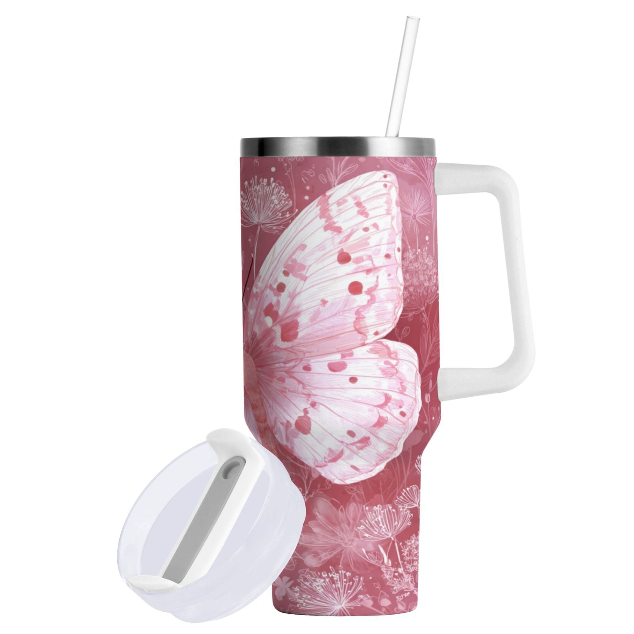 30 oz Insulated Stainless Steel Tumbler Double Wall Stainless Steel Tumbler with 2-Way Drinking Soft Pink Butterfly M561N