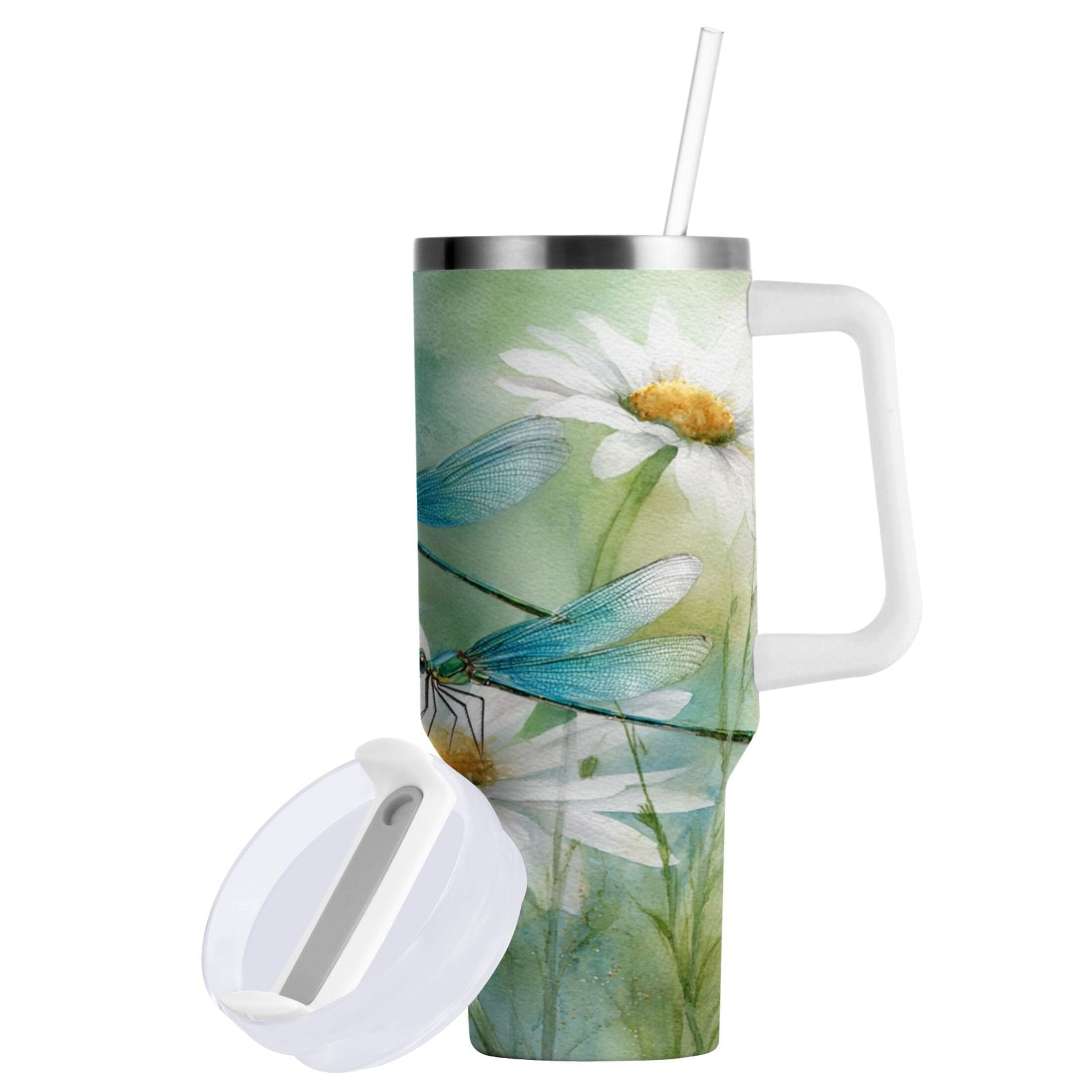 30 oz Insulated Stainless Steel Tumbler Double Wall Stainless Steel Tumbler with 2-Way Drinking Beautiful Dragonflies and Daisies M638D