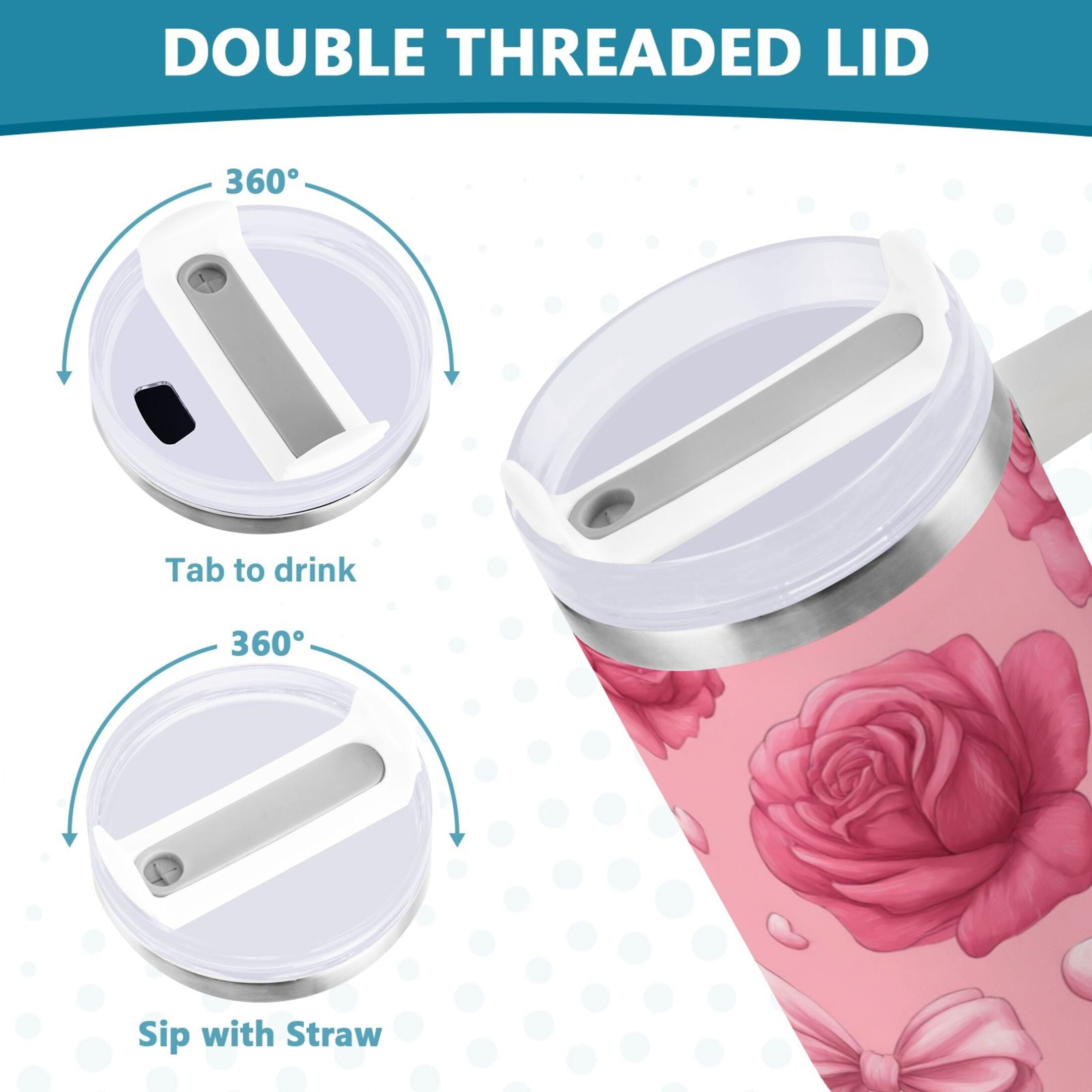 40 oz Insulated Stainless Steel Tumbler Double Wall Stainless Steel Tumbler with 2-Way Drinking Roses and Bows Pattern M661B