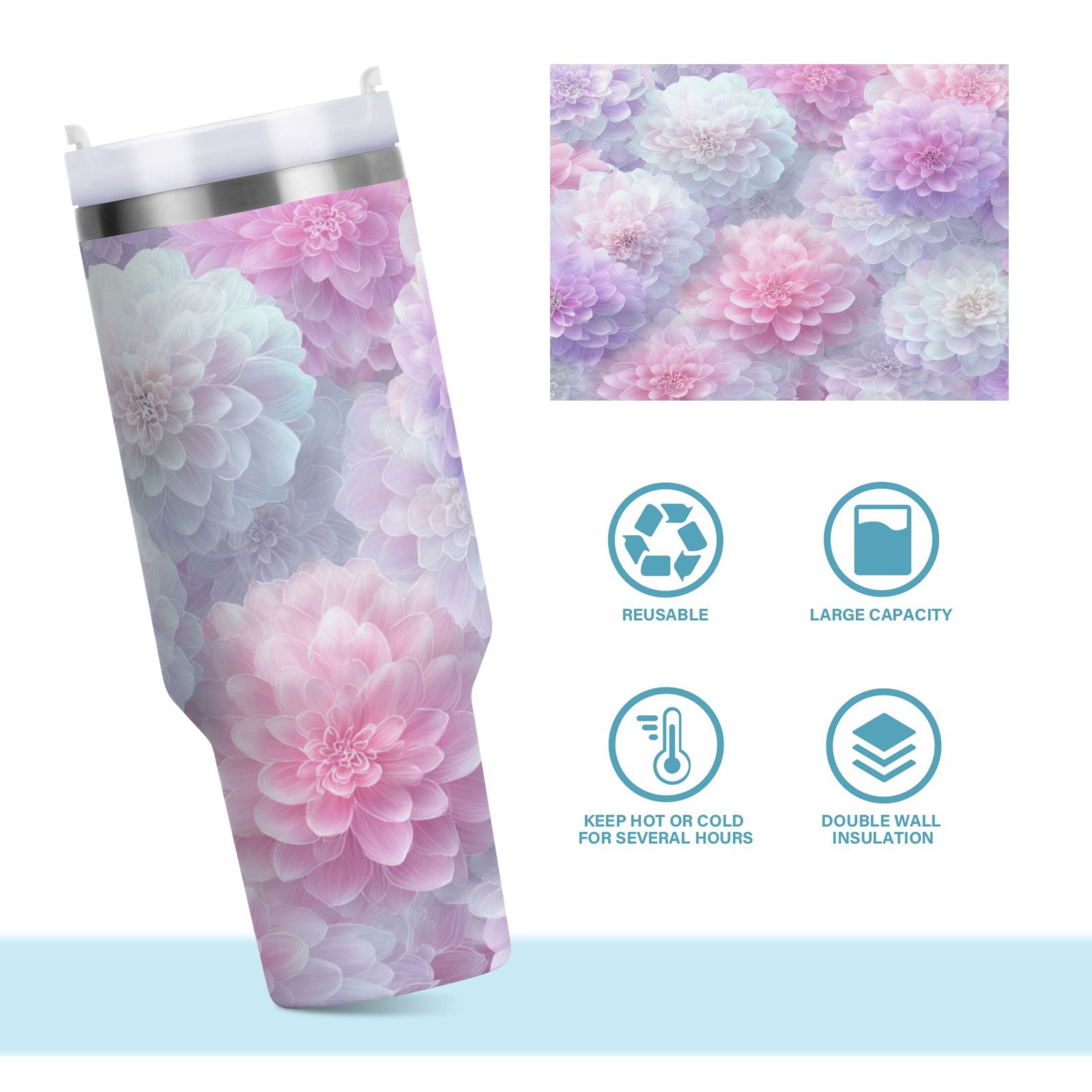 30 oz Insulated Stainless Steel Tumbler Double Wall Stainless Steel Tumbler with 2-Way Drinking Cute Pastel Watercolor Floral M578Q
