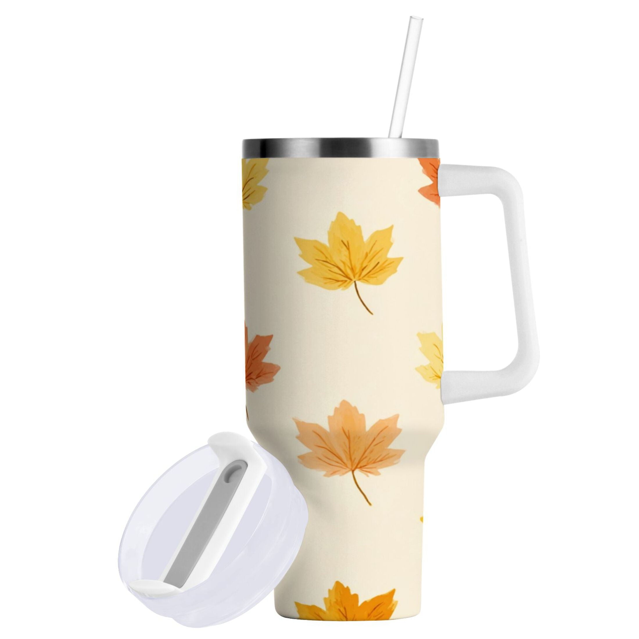 40 oz Insulated Stainless Steel Tumbler Double Wall Stainless Steel Tumbler with 2-Way Drinking Yellow Maple Leaves Pattern M483M