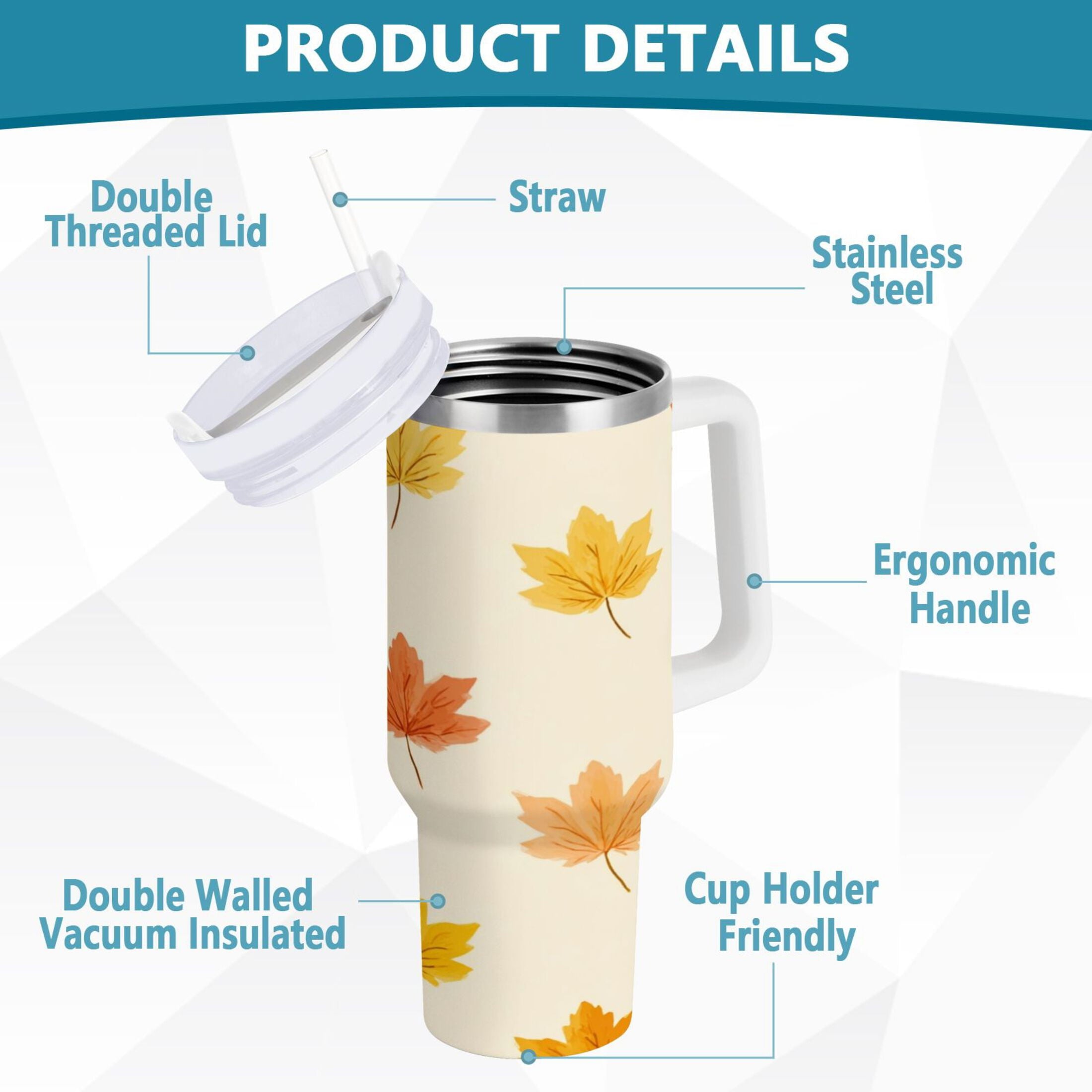 40 oz Insulated Stainless Steel Tumbler Double Wall Stainless Steel Tumbler with 2-Way Drinking Yellow Maple Leaves Pattern M483M