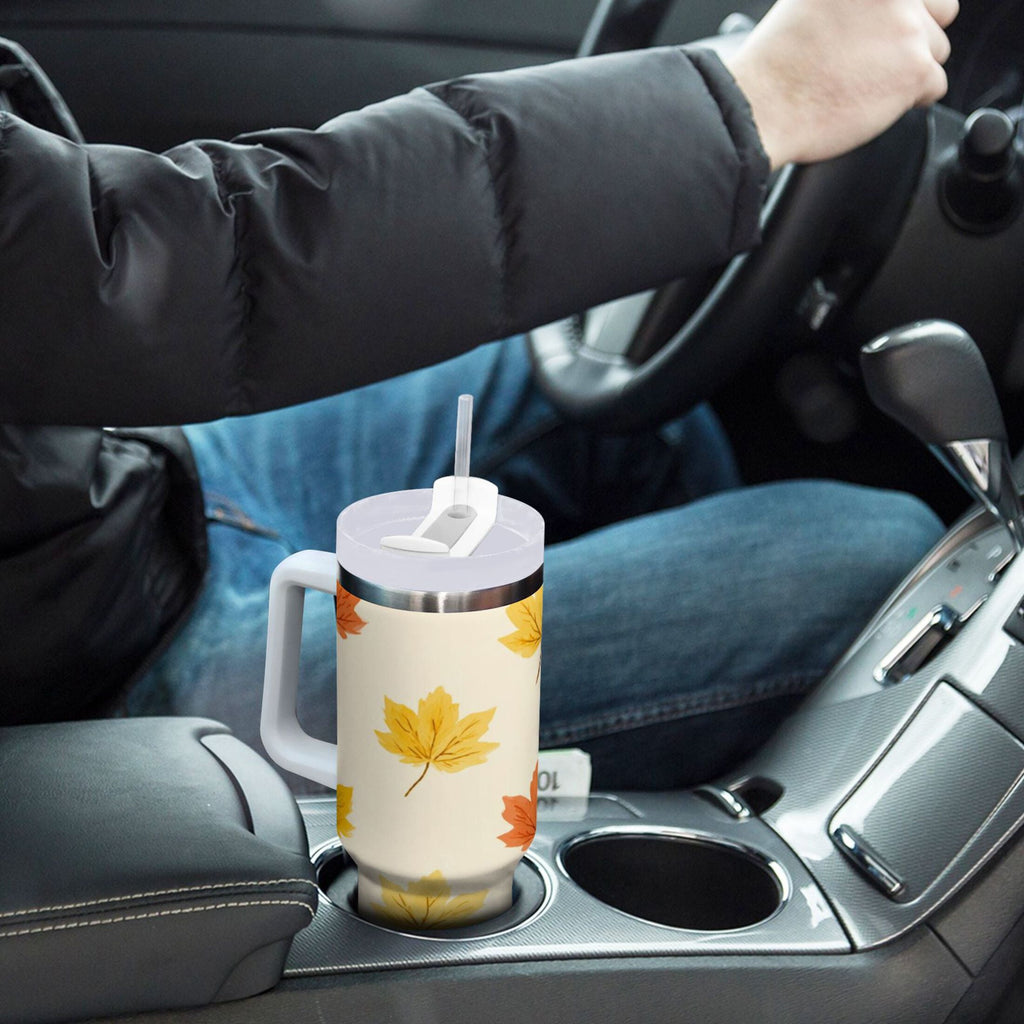 40 oz Insulated Stainless Steel Tumbler Double Wall Stainless Steel Tumbler with 2-Way Drinking Yellow Maple Leaves Pattern M483M