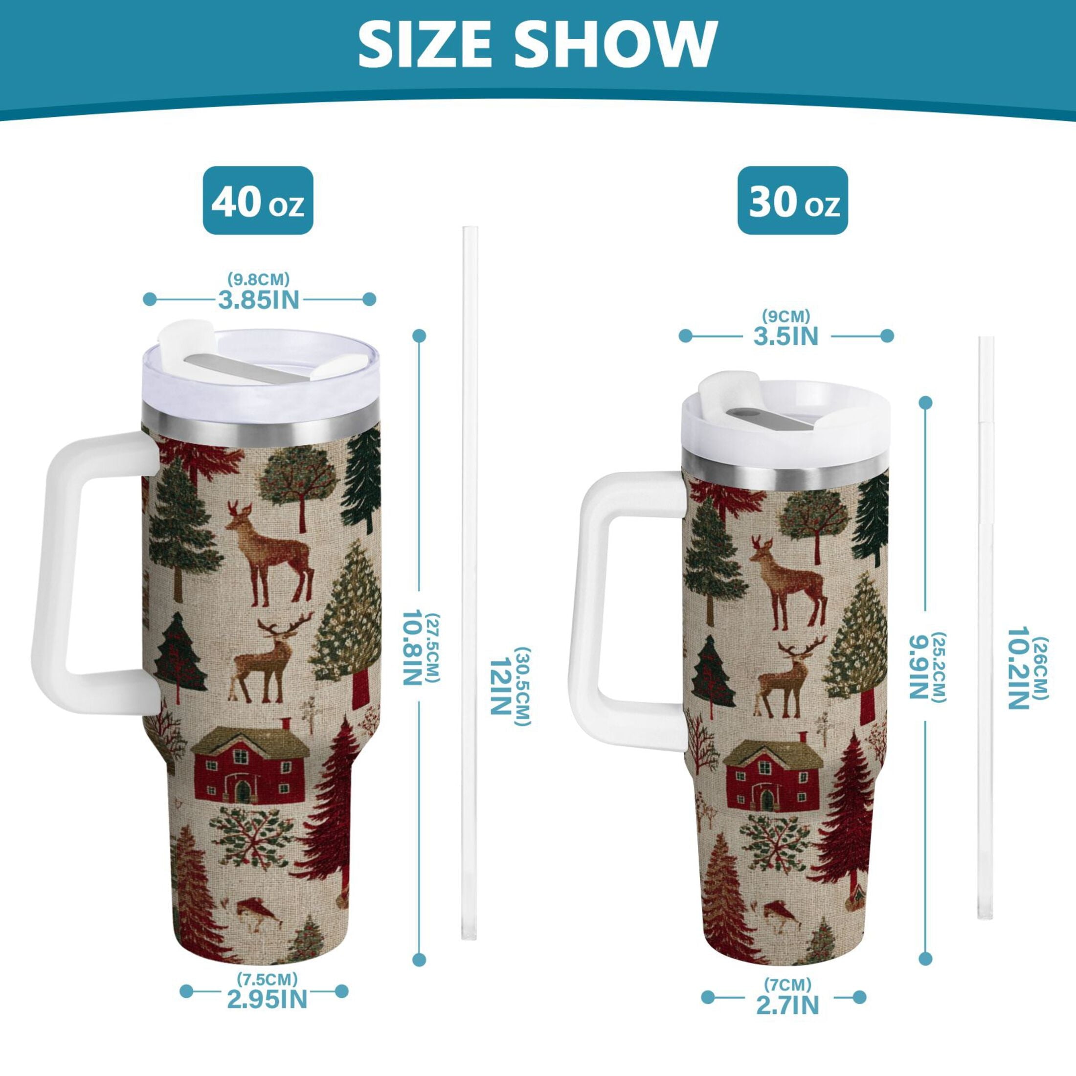 30 oz Insulated Stainless Steel Tumbler Double Wall Stainless Steel Tumbler with 2-Way Drinking Christmas Trees Deer and Houses M577Y