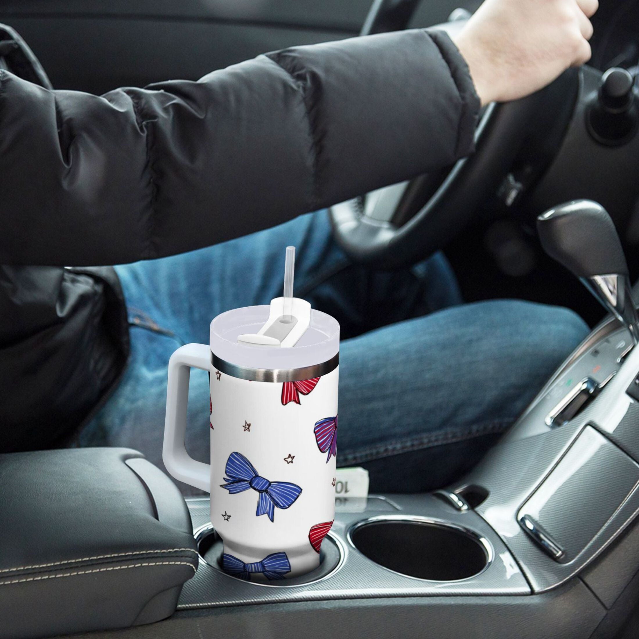 30 oz Insulated Stainless Steel Tumbler Double Wall Stainless Steel Tumbler with 2-Way Drinking Red and Blue Stripe Bows M656U