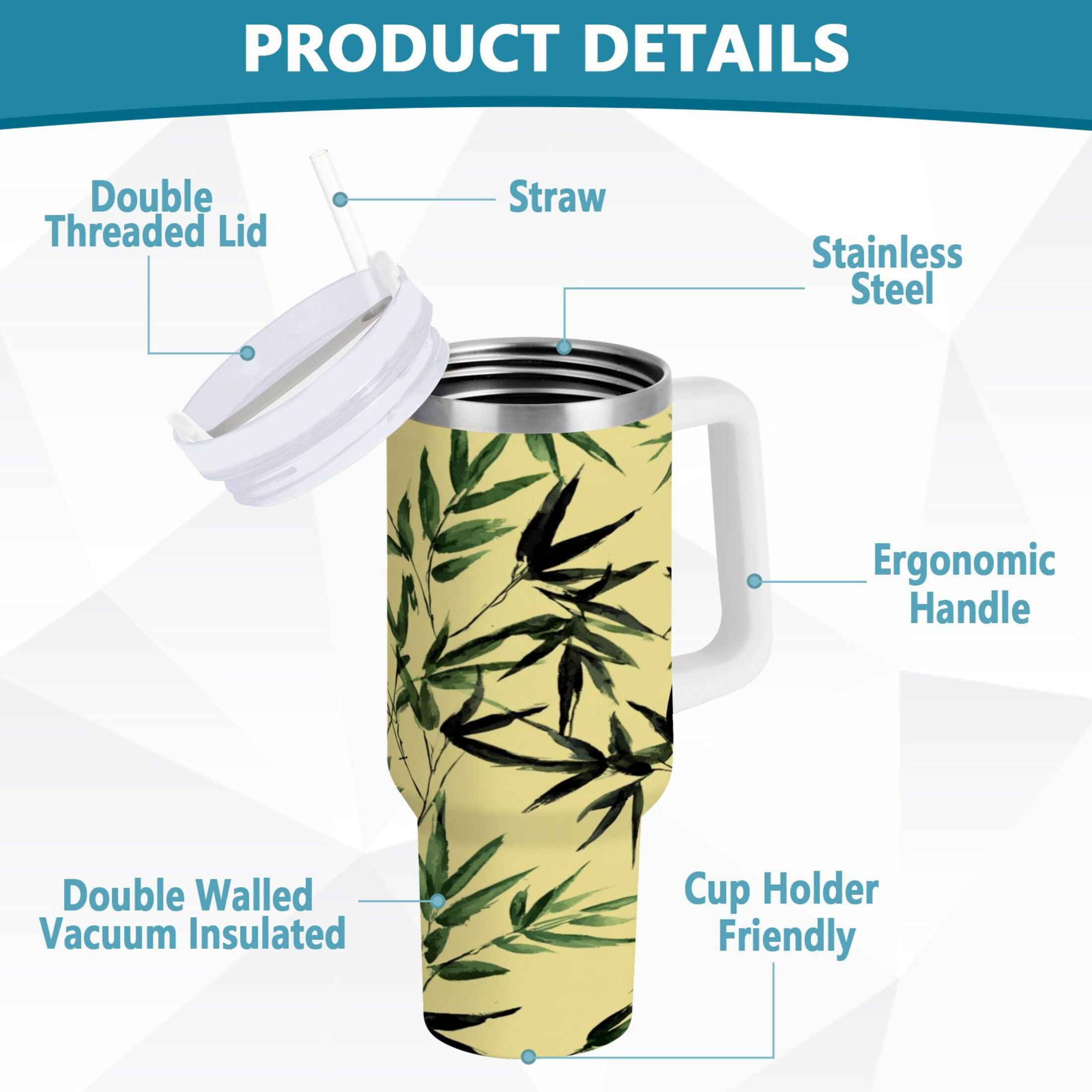 30 oz Insulated Stainless Steel Tumbler Double Wall Stainless Steel Tumbler with 2-Way Drinking Bamboo and Green Leaves M633Z