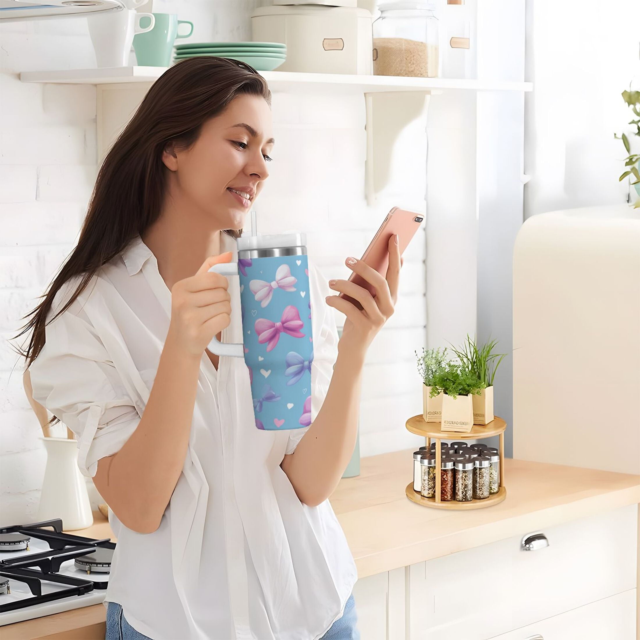 30 oz Insulated Stainless Steel Tumbler Double Wall Stainless Steel Tumbler with 2-Way Drinking Pink and Purple Bows M526Z
