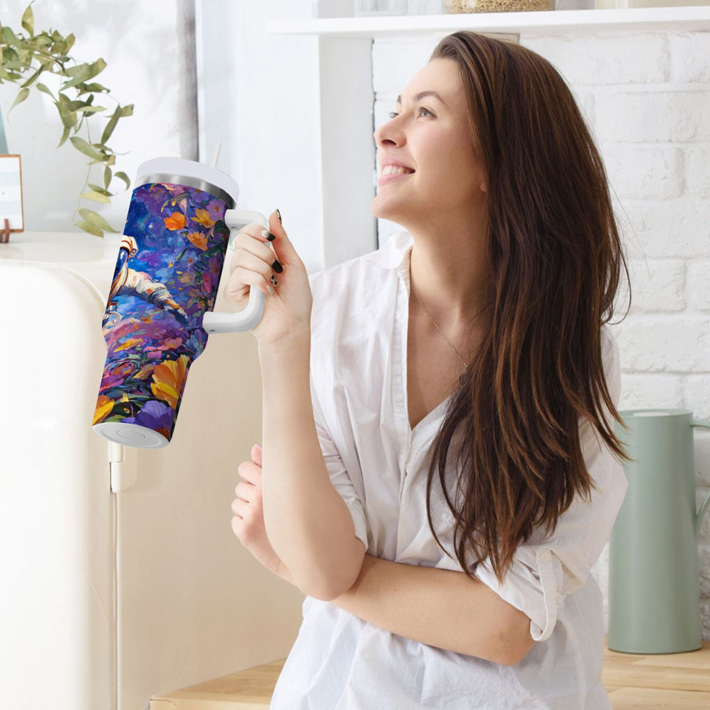 40 oz Insulated Stainless Steel Tumbler Double Wall Stainless Steel Tumbler with 2-Way Drinking Astronaut and Colorful Flowers M562A