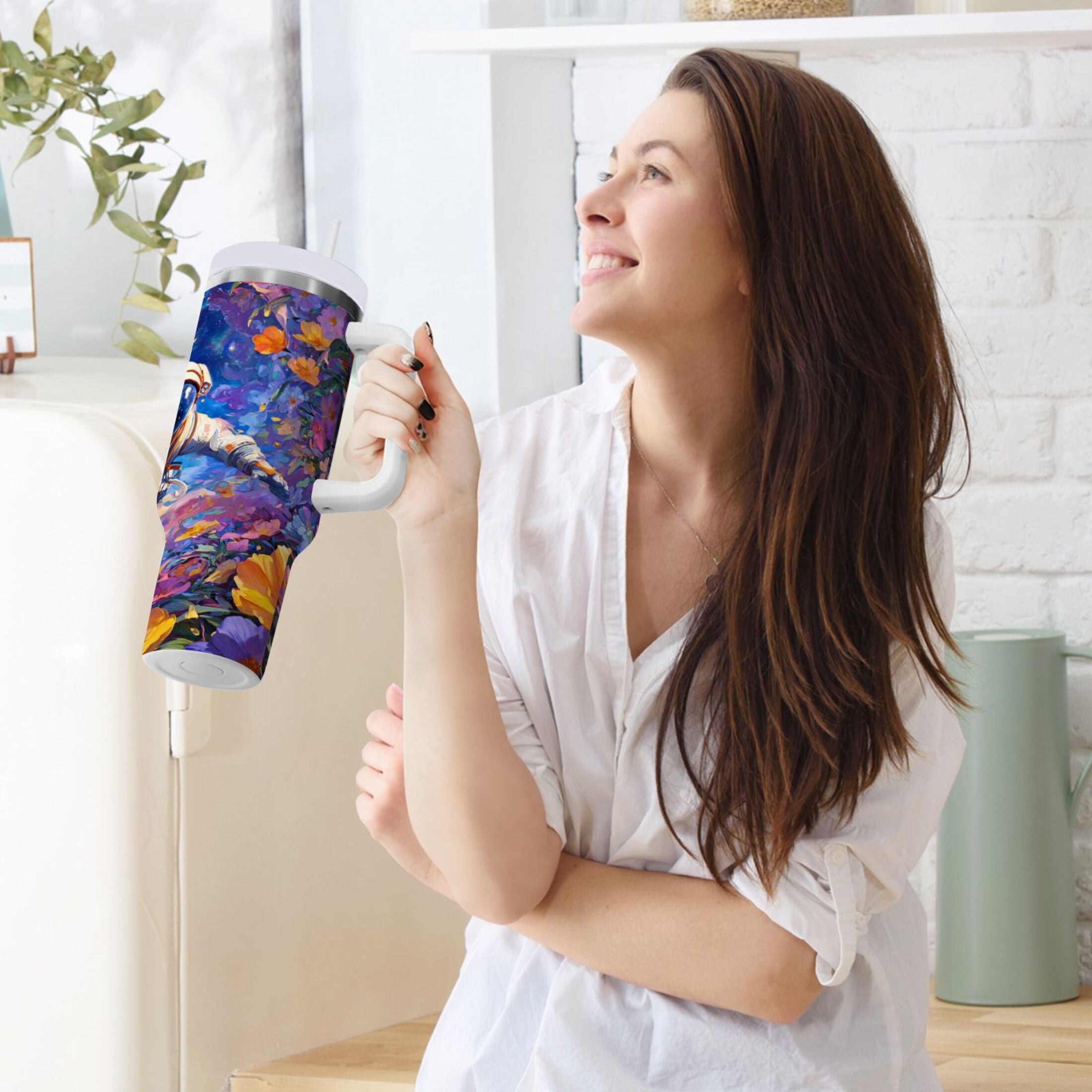 40 oz Insulated Stainless Steel Tumbler Double Wall Stainless Steel Tumbler with 2-Way Drinking Astronaut and Colorful Flowers M562A