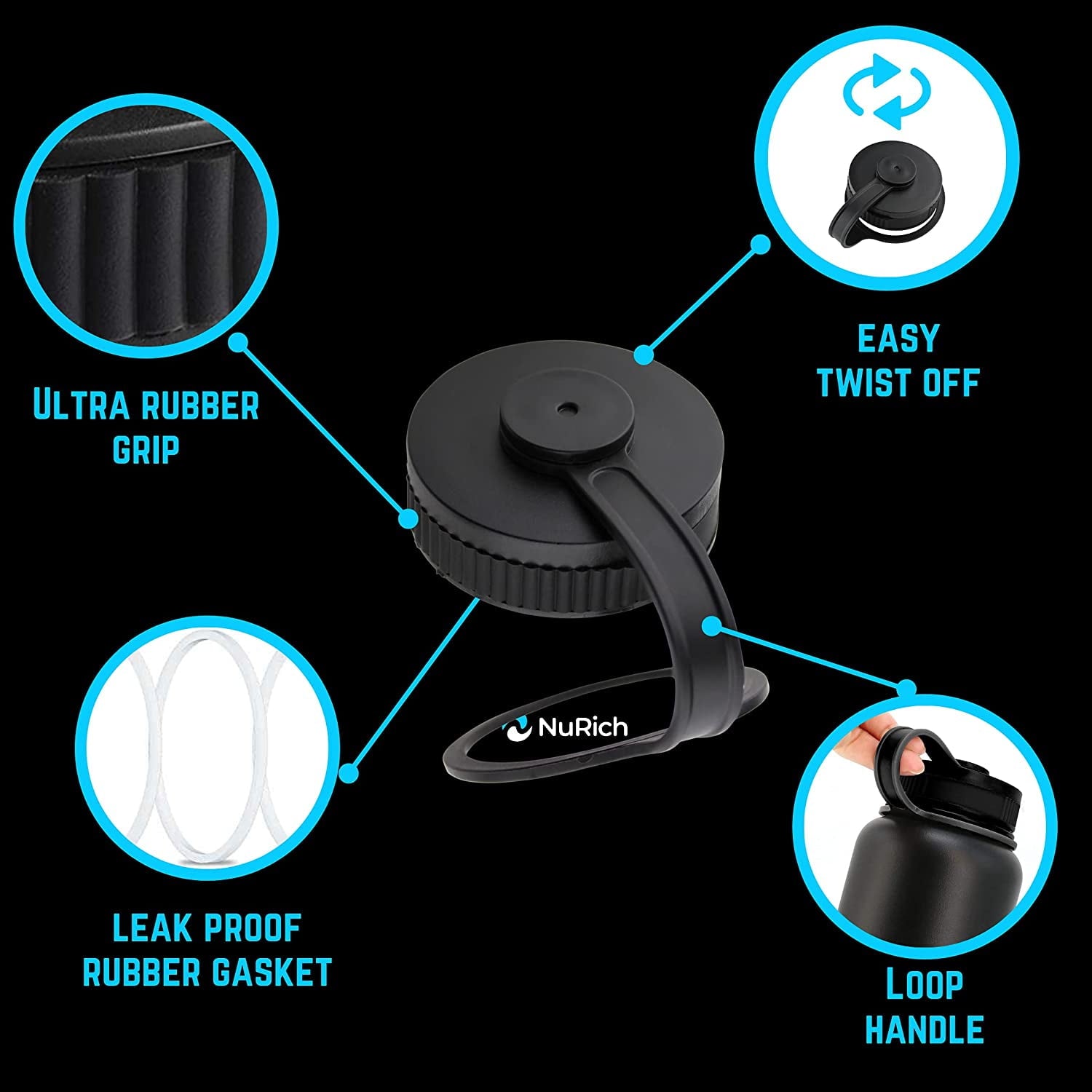 NuRich Loop Top Lid for Wide Mouth Hydro Flask, Nalgene &amp; Simple Water Bottles M213E