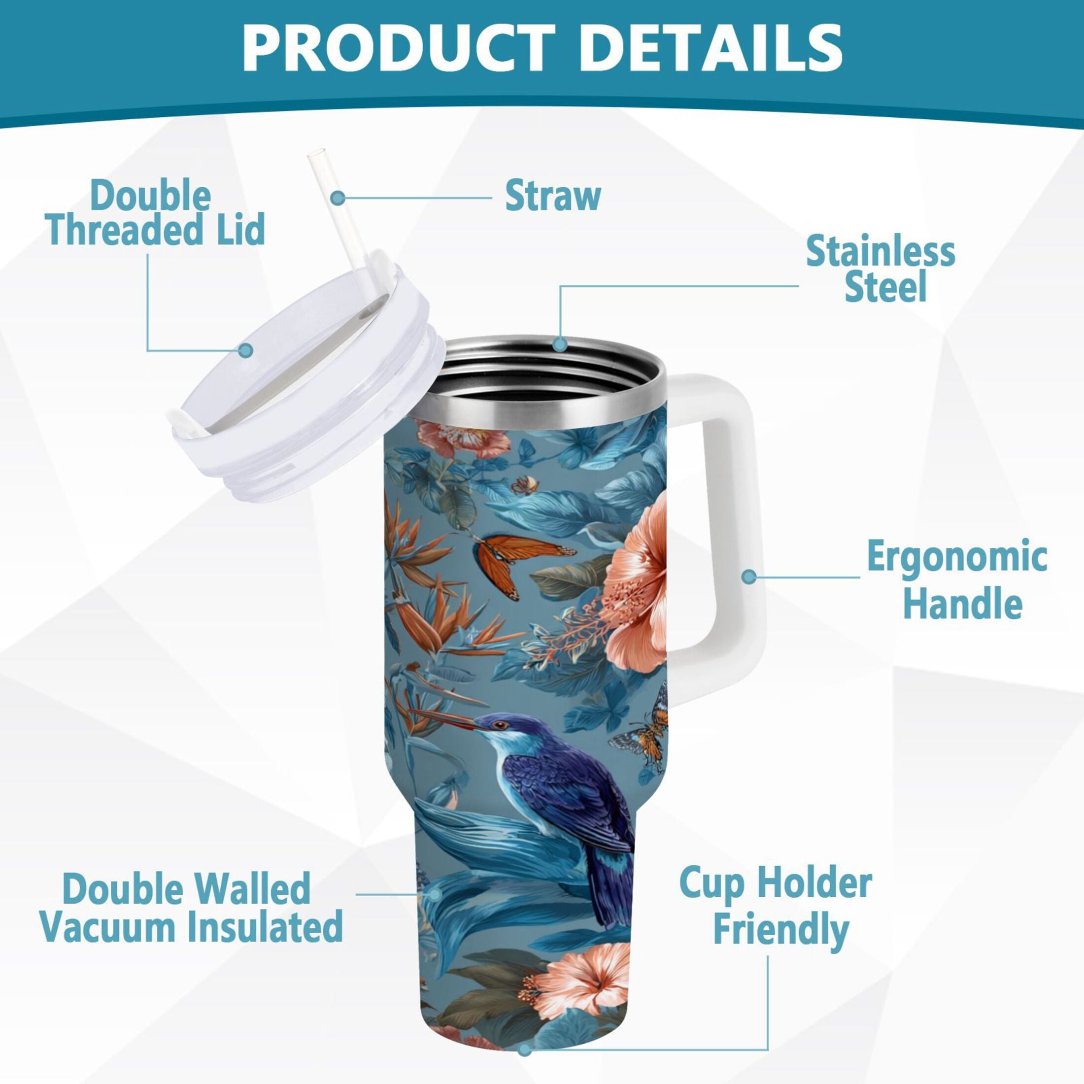 30 oz Insulated Stainless Steel Tumbler Double Wall Stainless Steel Tumbler with 2-Way Drinking Birds and Flowers M552F