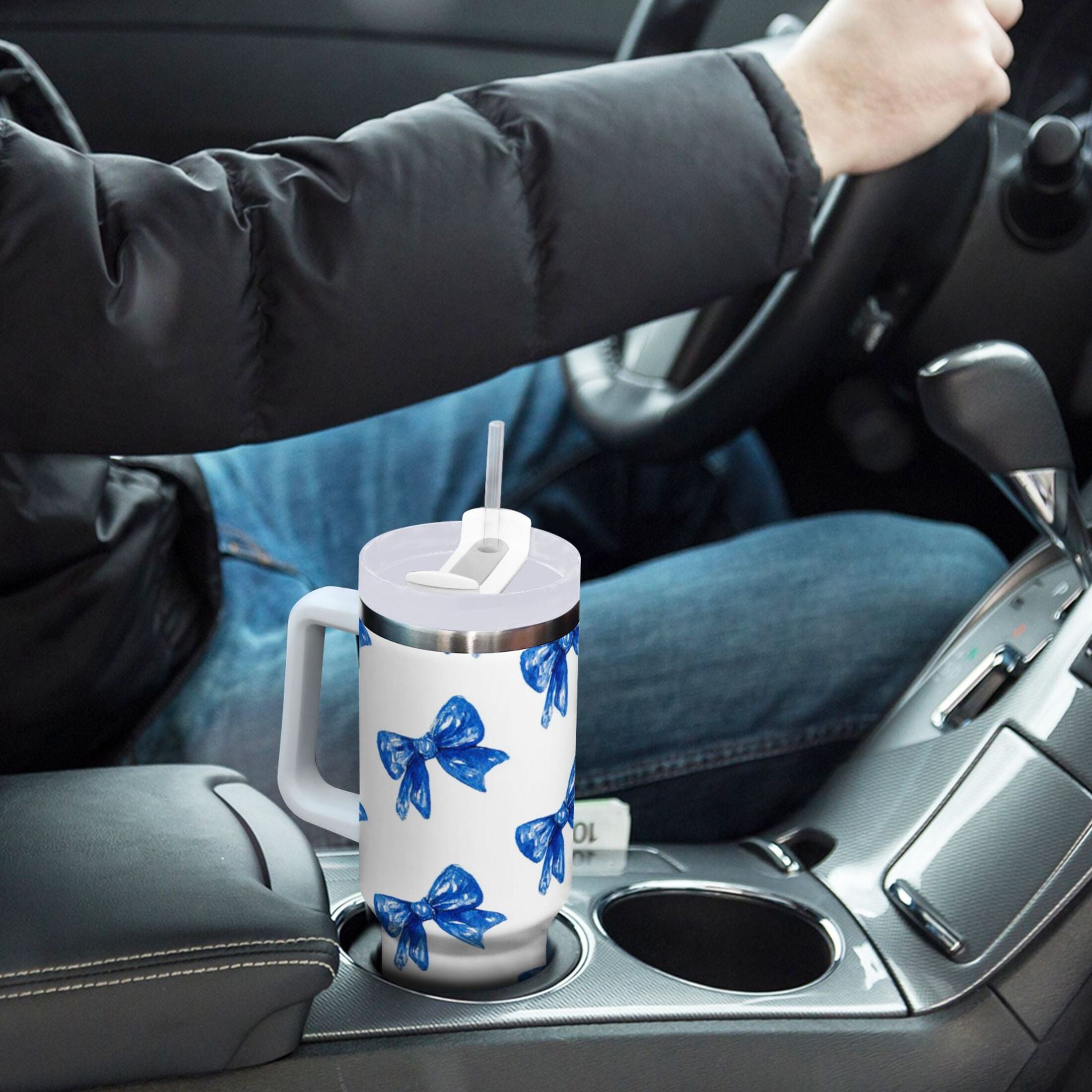 30 oz Insulated Stainless Steel Tumbler Double Wall Stainless Steel Tumbler with 2-Way Drinking Blue Bows Pattern M620T