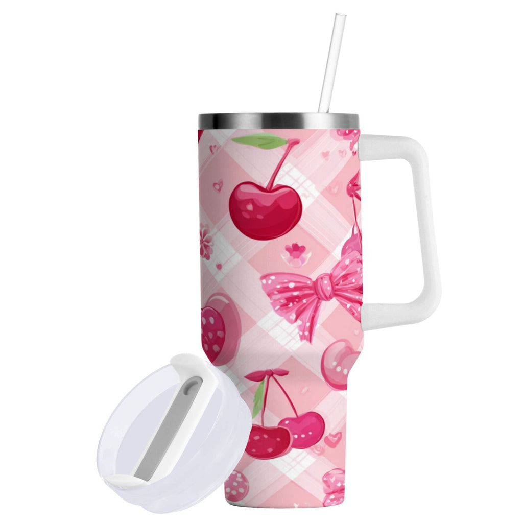 30 oz Insulated Stainless Steel Tumbler Double Wall Stainless Steel Tumbler with 2-Way Drinking Cherry and Pink Bow Pattern M617L