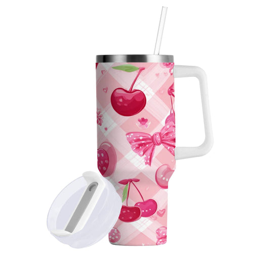 30 oz Insulated Stainless Steel Tumbler Double Wall Stainless Steel Tumbler with 2-Way Drinking Cherry and Pink Bow Pattern M617L