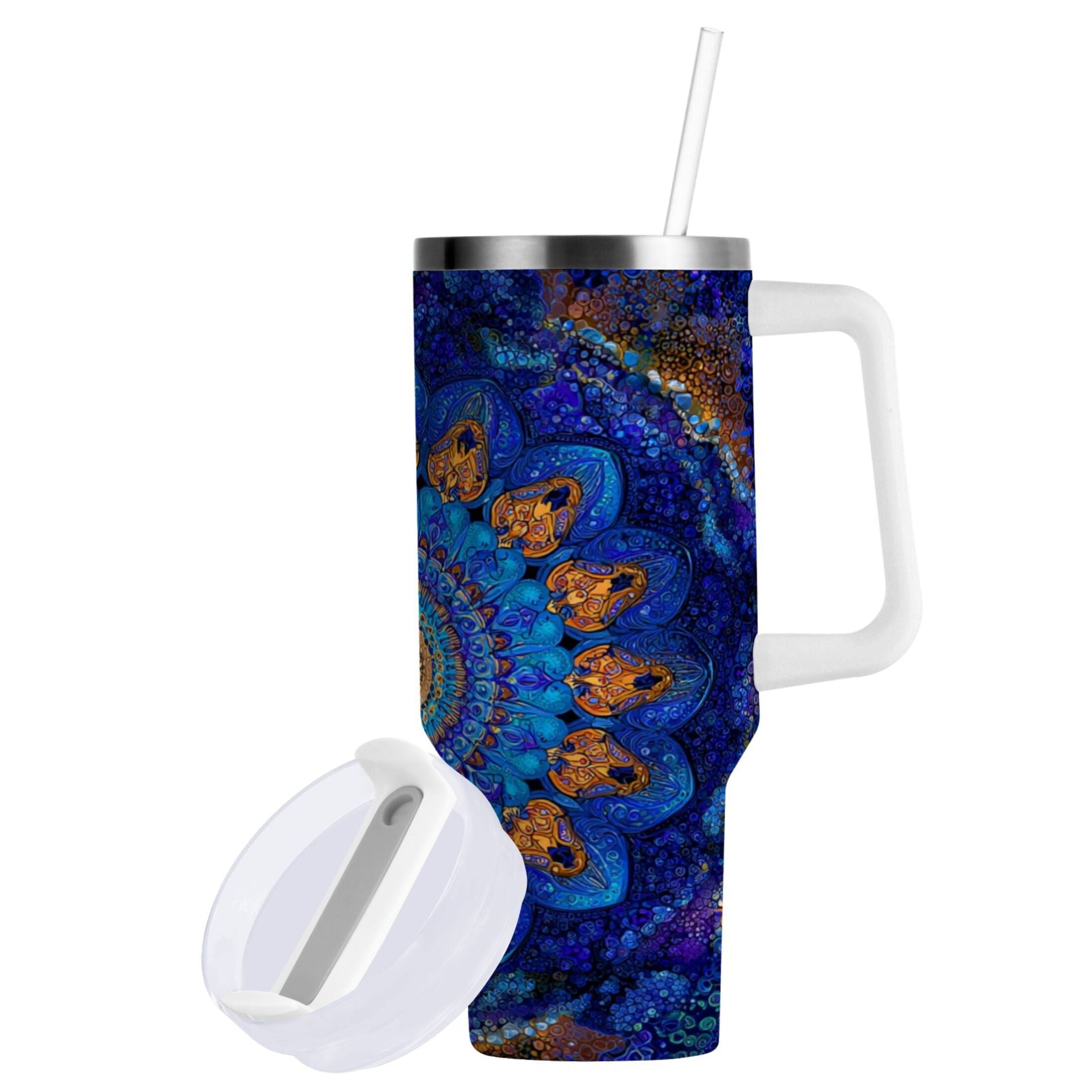 30 oz Insulated Stainless Steel Tumbler Double Wall Stainless Steel Tumbler with 2-Way Drinking Blue Kaleidoscopic Pattern M458Q