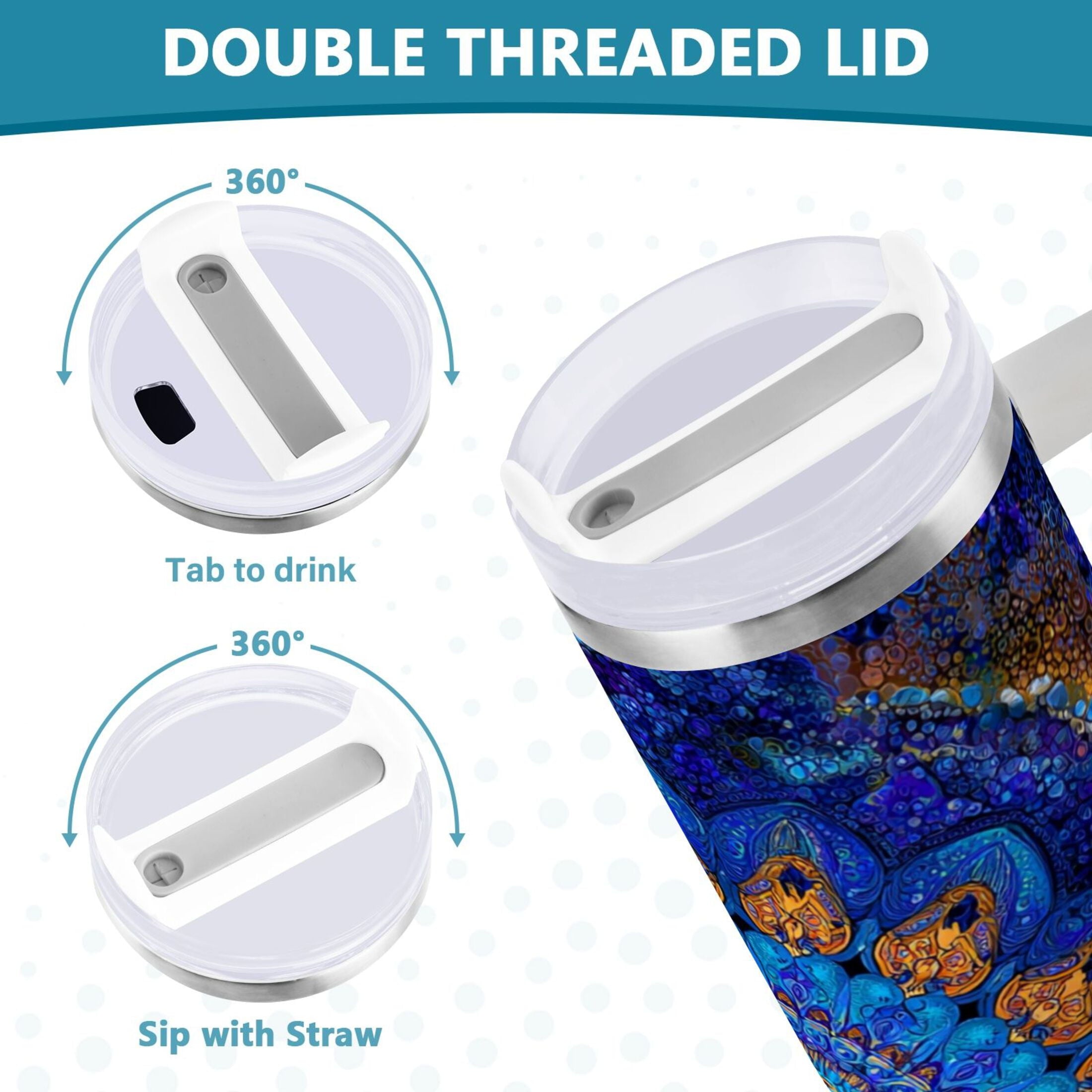 30 oz Insulated Stainless Steel Tumbler Double Wall Stainless Steel Tumbler with 2-Way Drinking Blue Kaleidoscopic Pattern M458Q