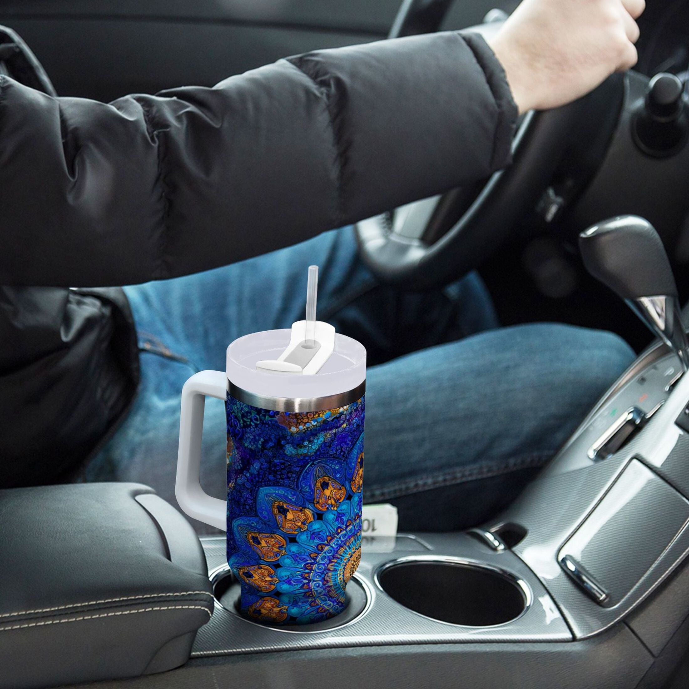 30 oz Insulated Stainless Steel Tumbler Double Wall Stainless Steel Tumbler with 2-Way Drinking Blue Kaleidoscopic Pattern M458Q
