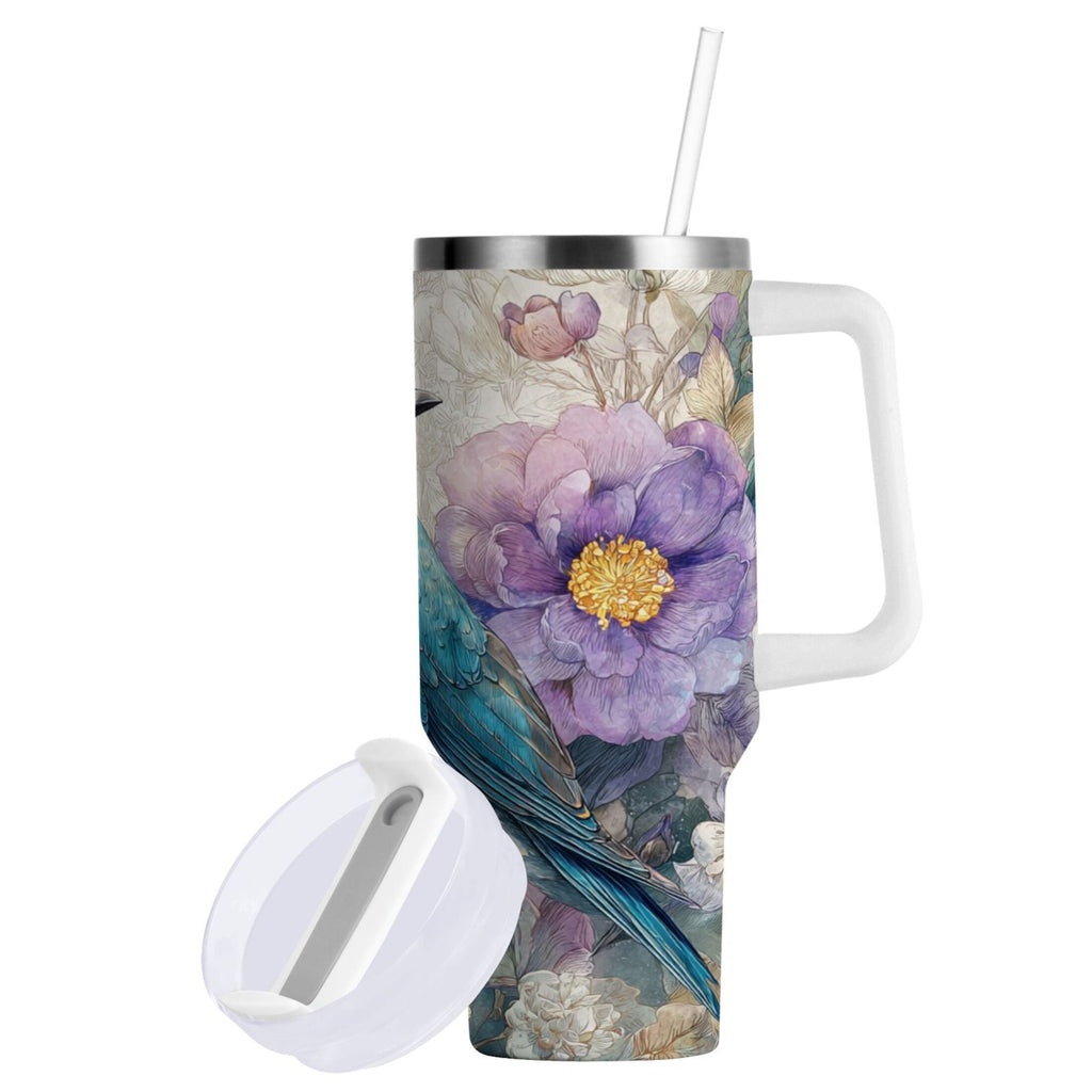 30 oz Insulated Stainless Steel Tumbler Double Wall Stainless Steel Tumbler with 2-Way Drinking Bluebird and Flower M538M