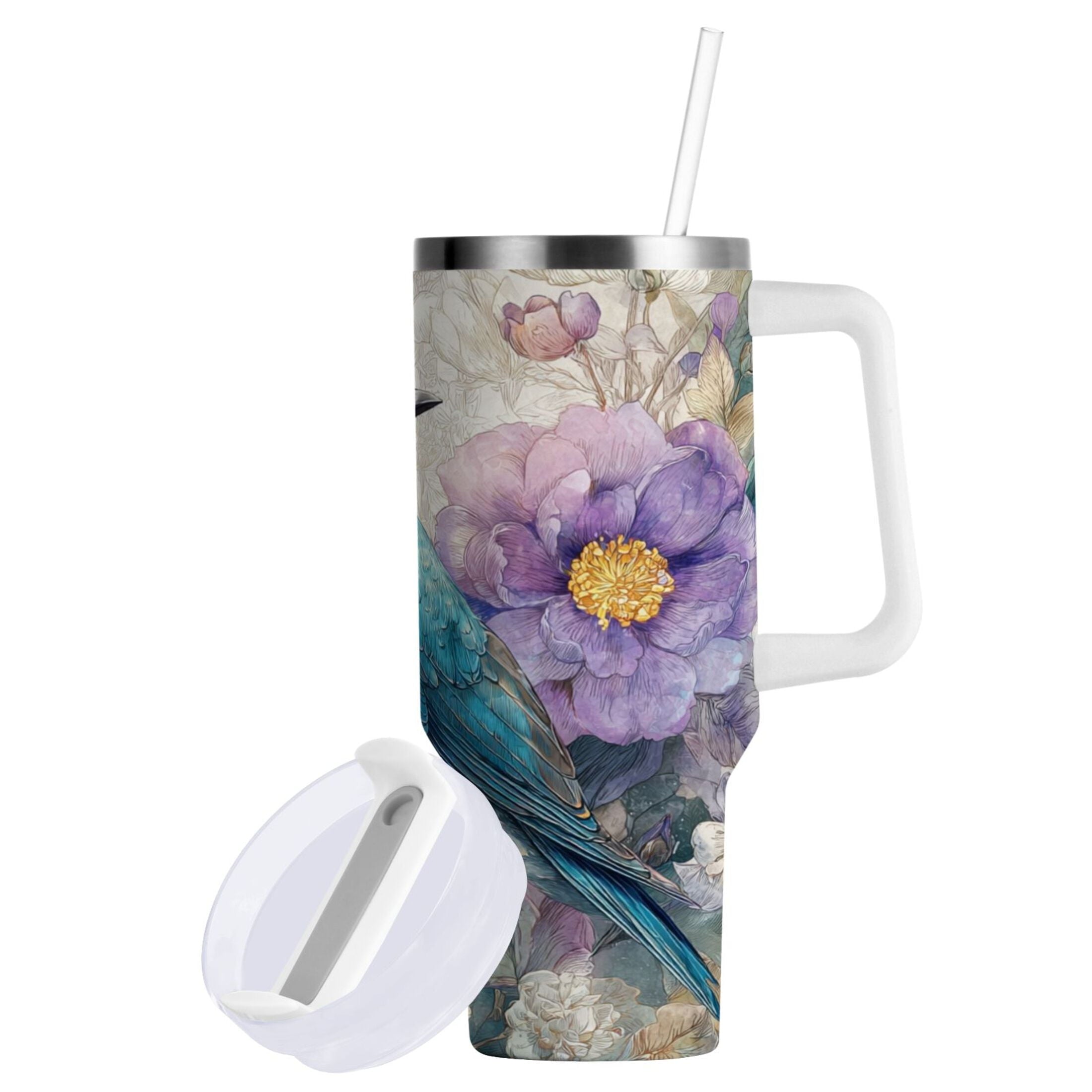 30 oz Insulated Stainless Steel Tumbler Double Wall Stainless Steel Tumbler with 2-Way Drinking Bluebird and Flower M538M